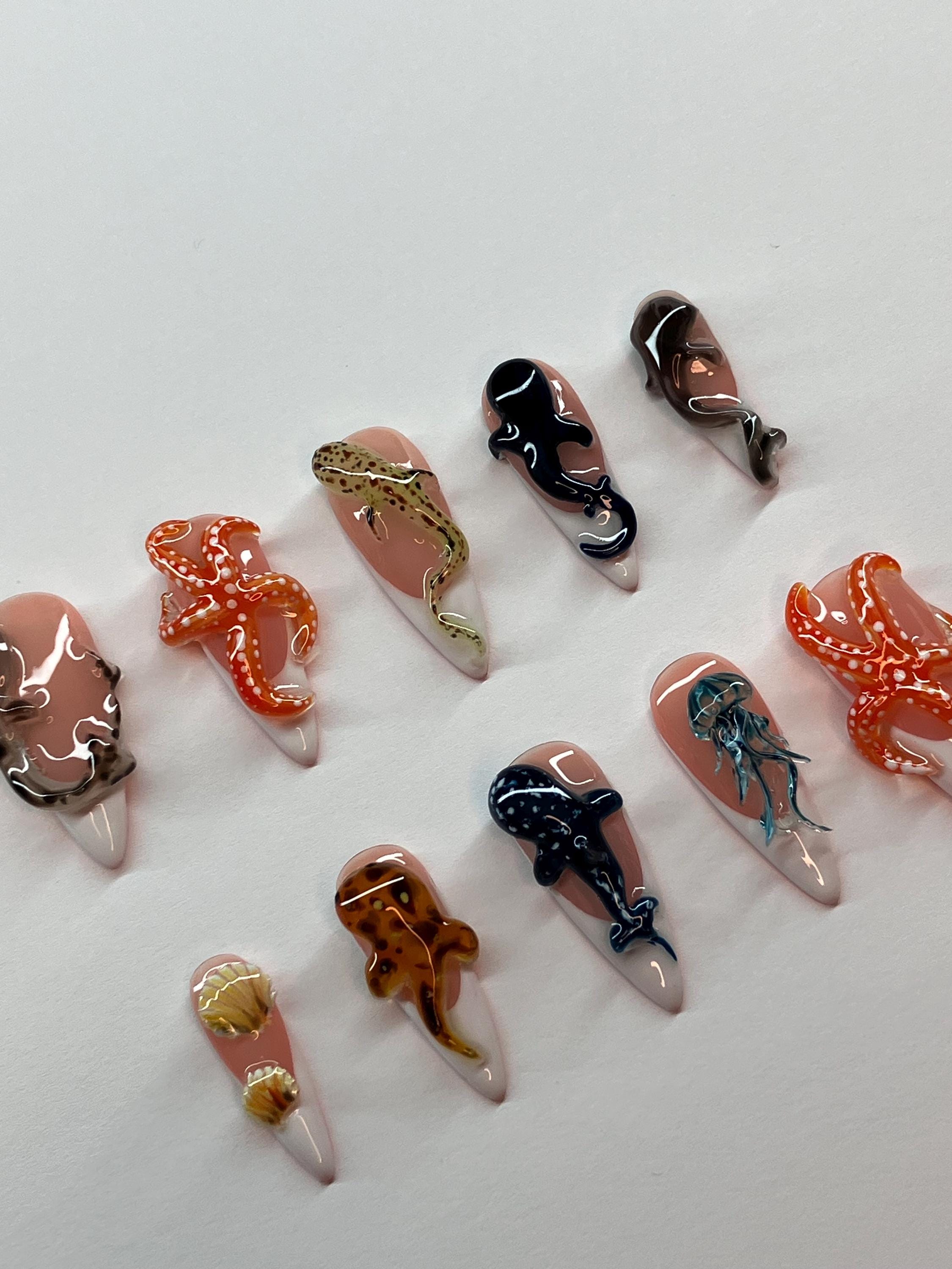 Marine life press on nails with unique 3d sea life, application pack included