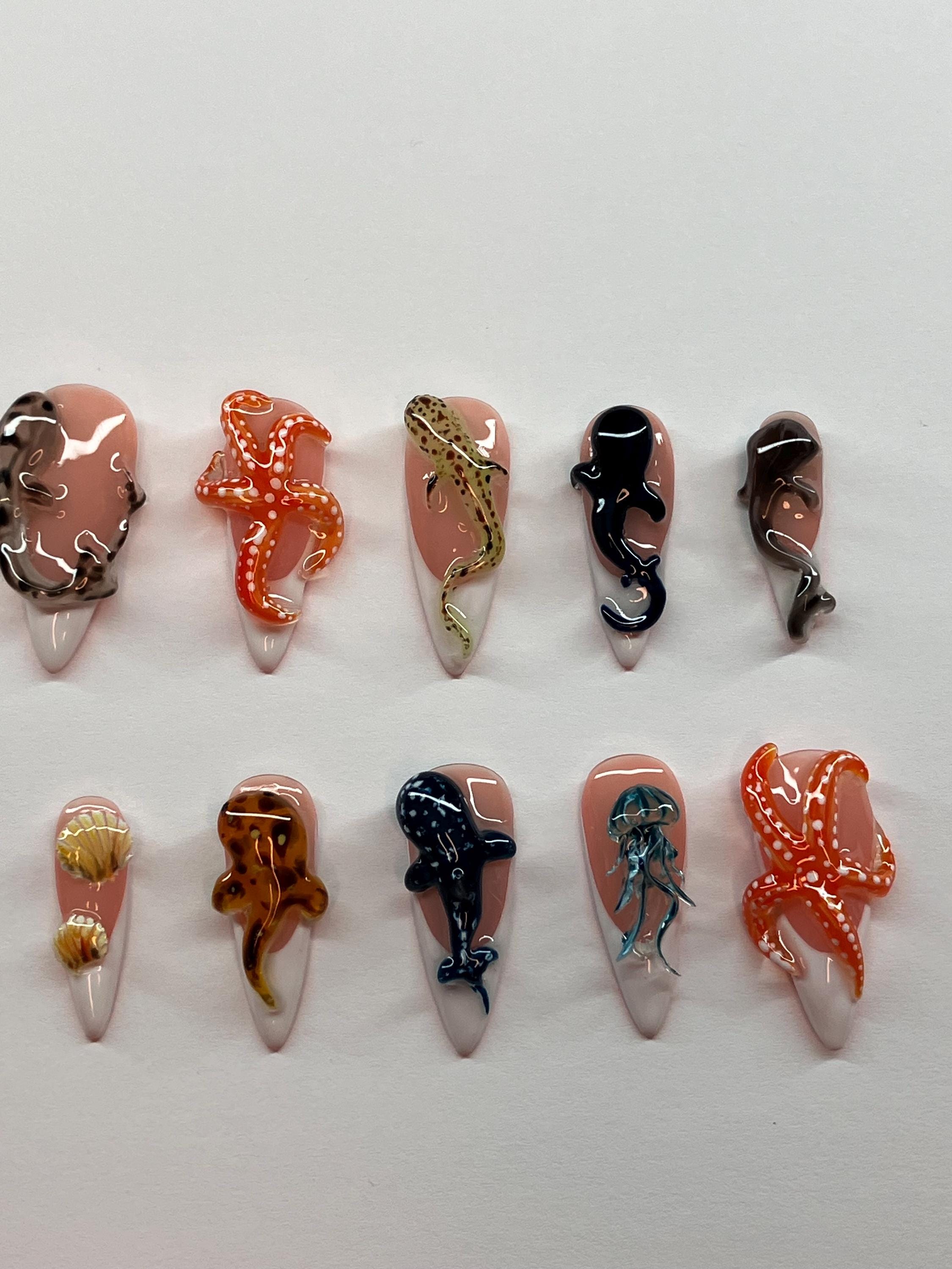 Marine life press on nails with unique 3d sea life, application pack included