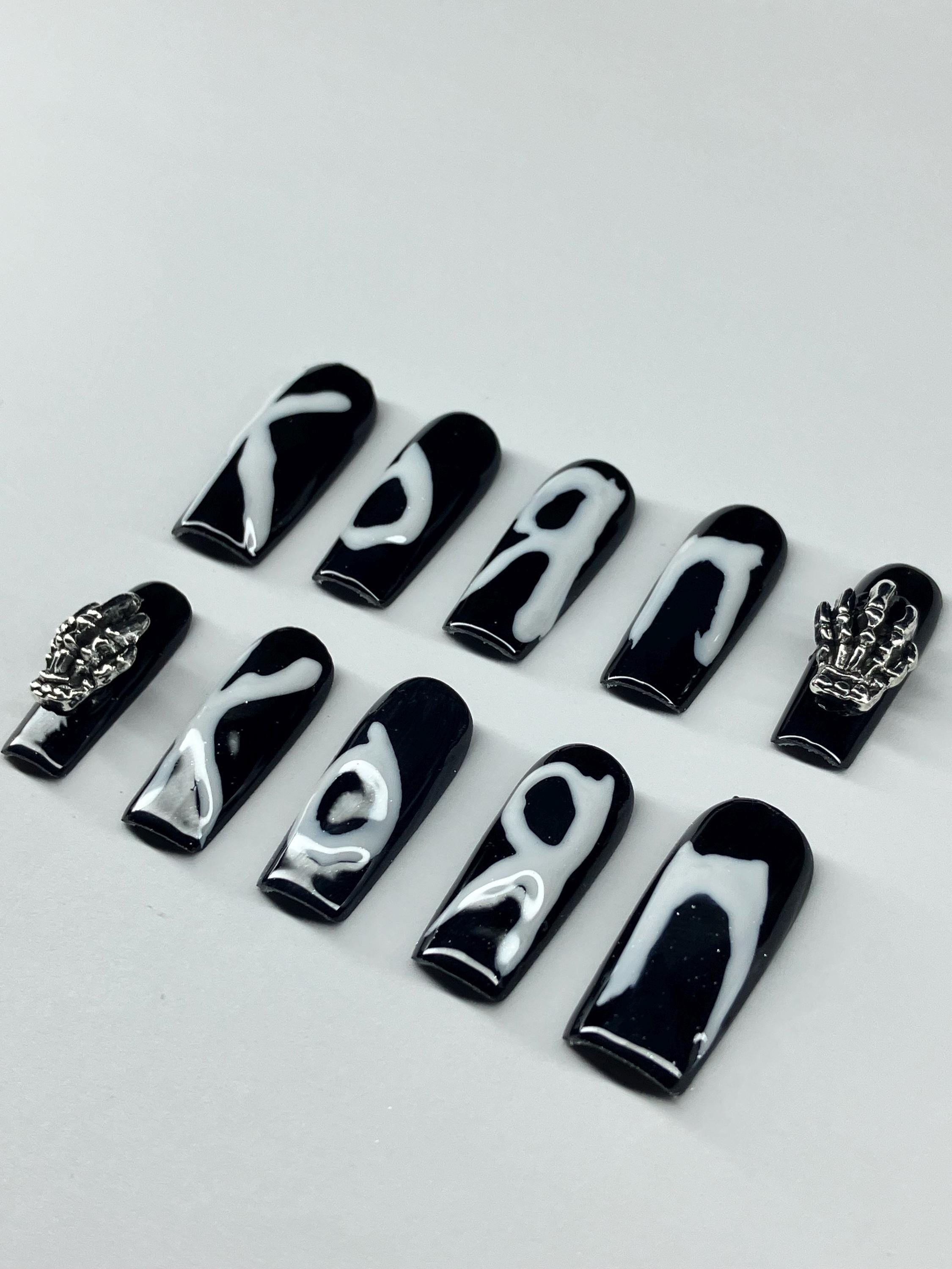 Monochrome KORN inspired press on nails with application pack