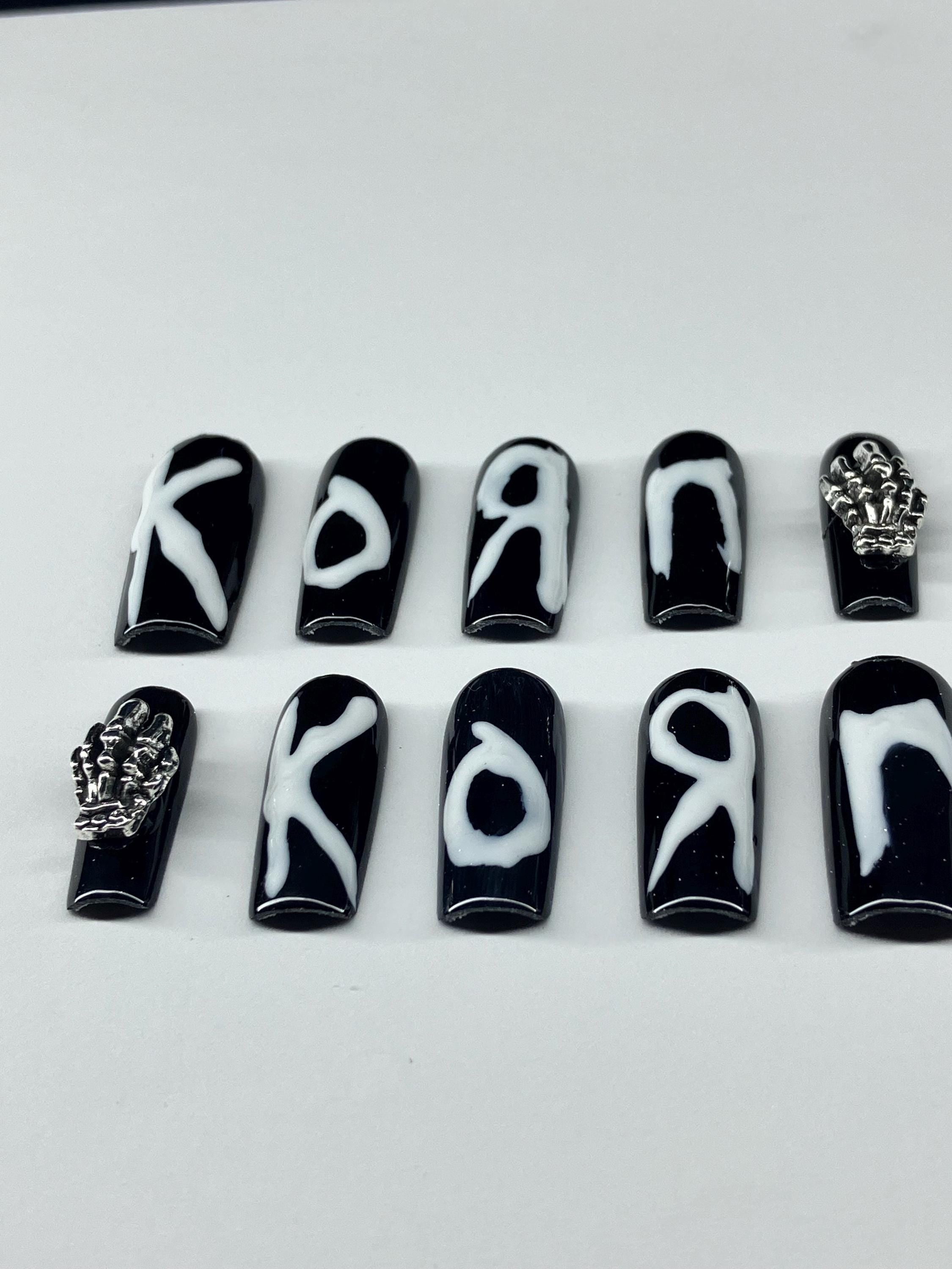 Monochrome KORN inspired press on nails with application pack