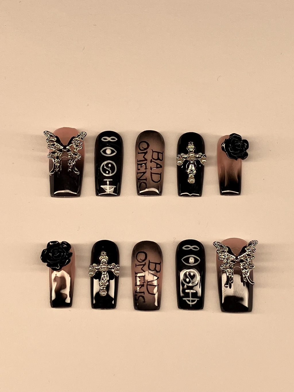 Omens inspired aura press on nails with application pack and nail charms