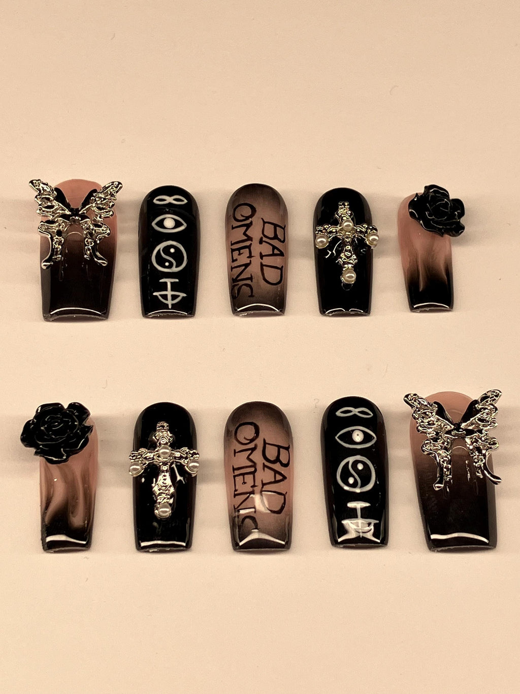 Omens inspired aura press on nails with application pack and nail charms