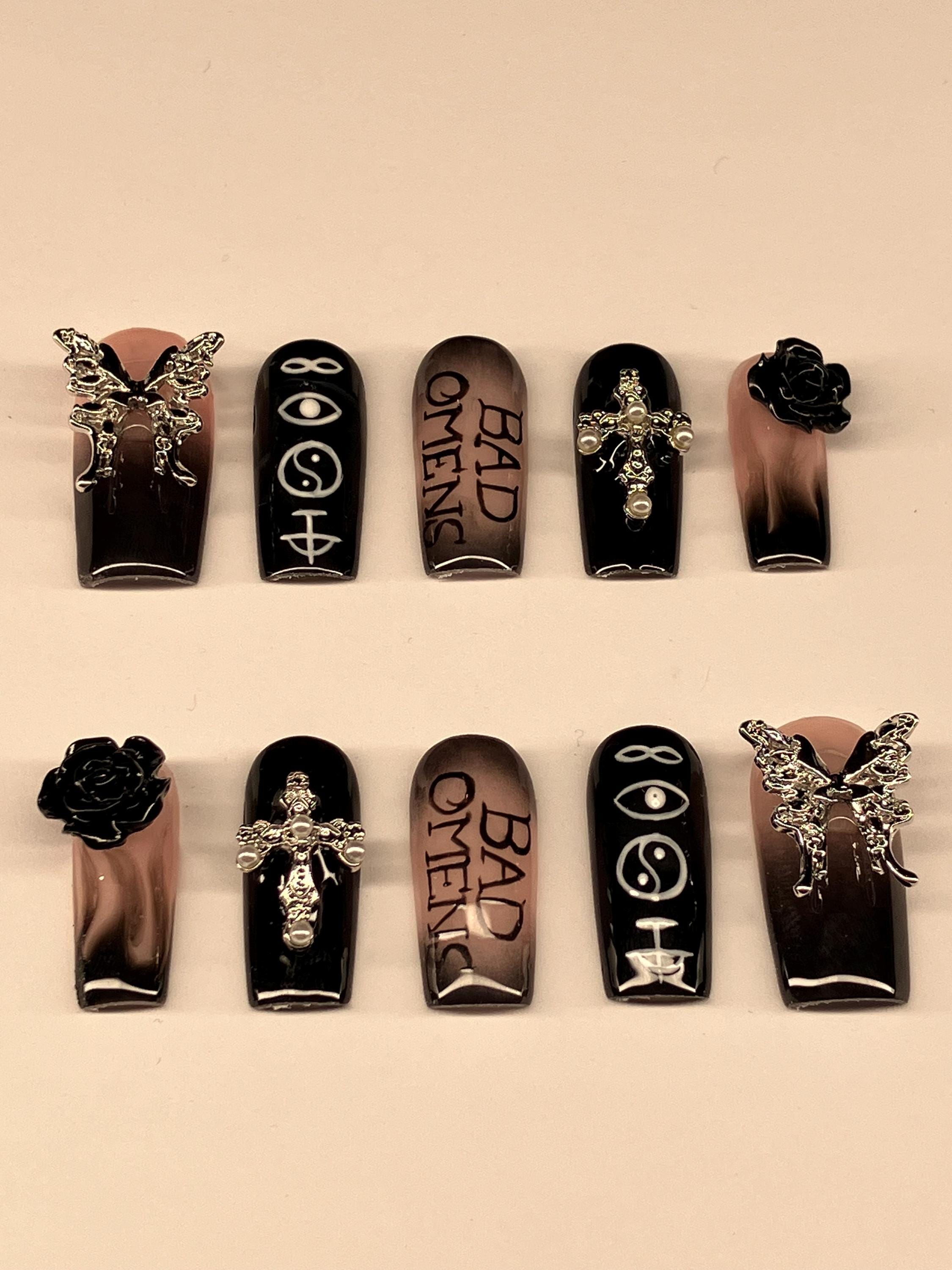 Omens inspired aura press on nails with application pack and nail charms