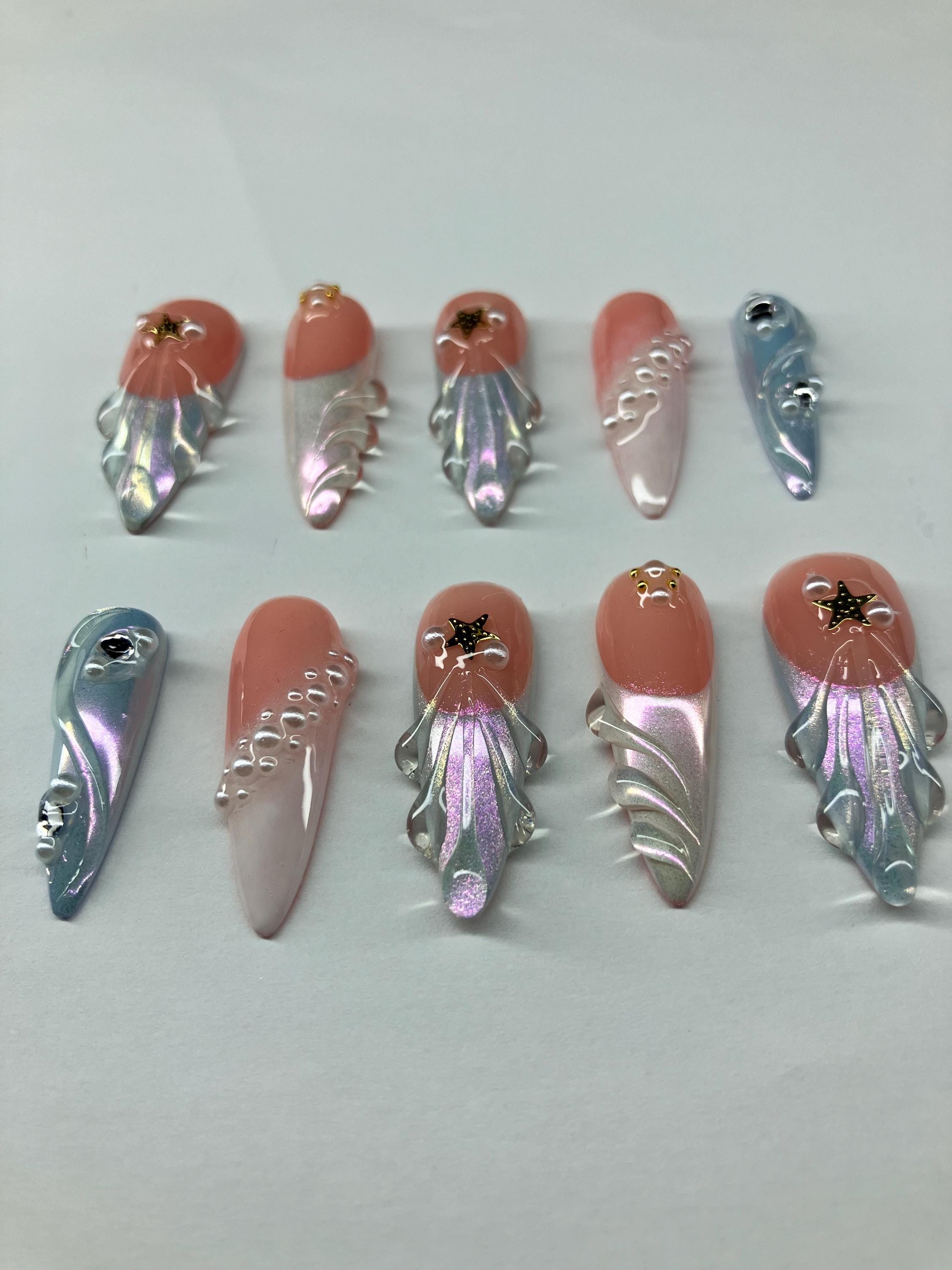Under the sea chrome press on nails with 3d nail art application pack included