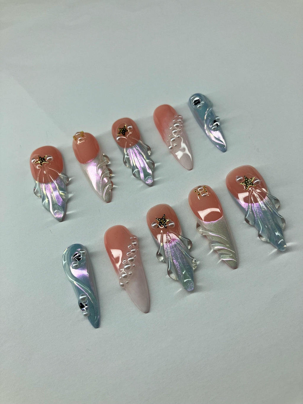 Under the sea chrome press on nails with 3d nail art application pack included
