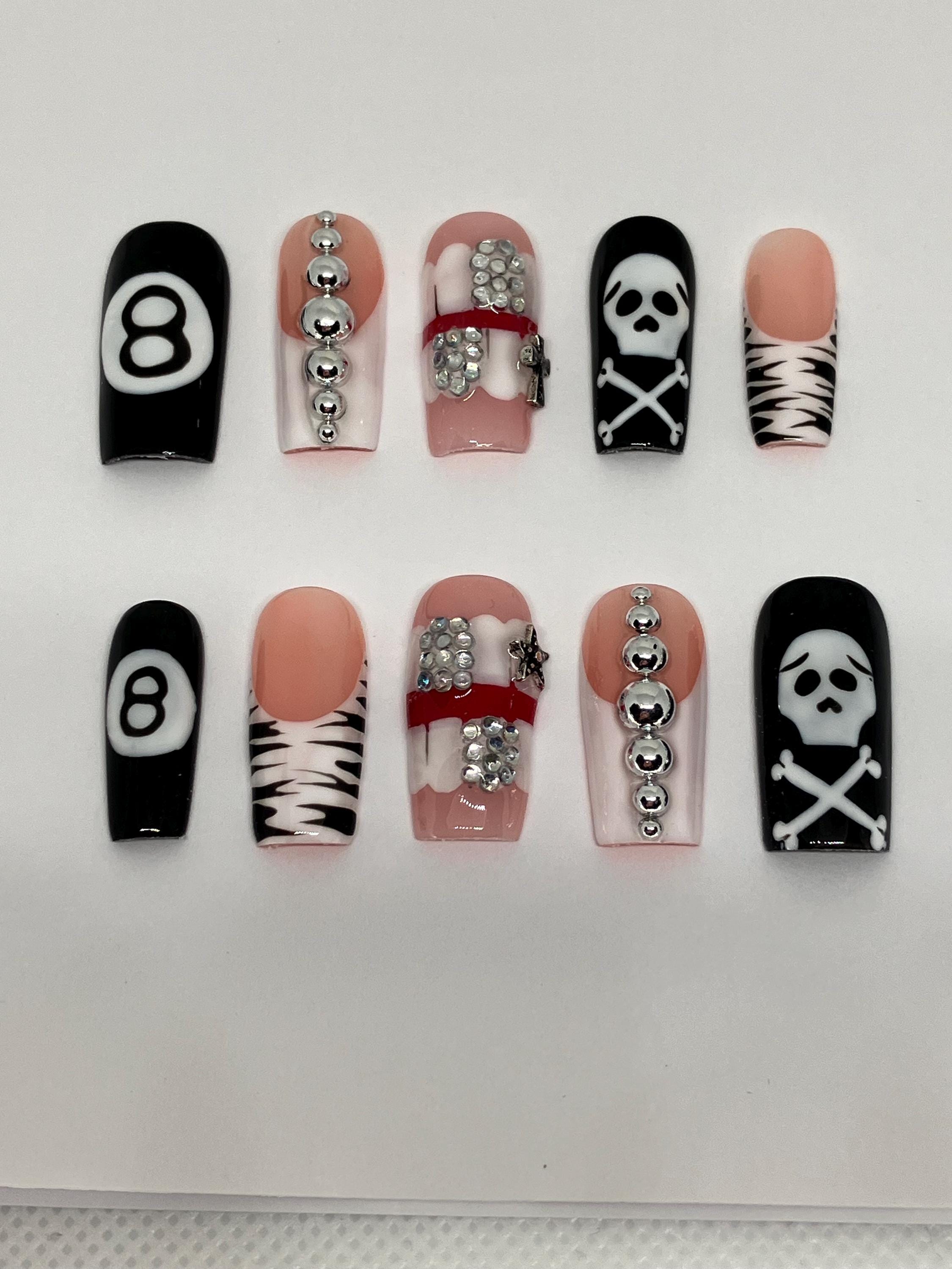 Vegas nights preseason nails with 8 ball and skull details,application pack included