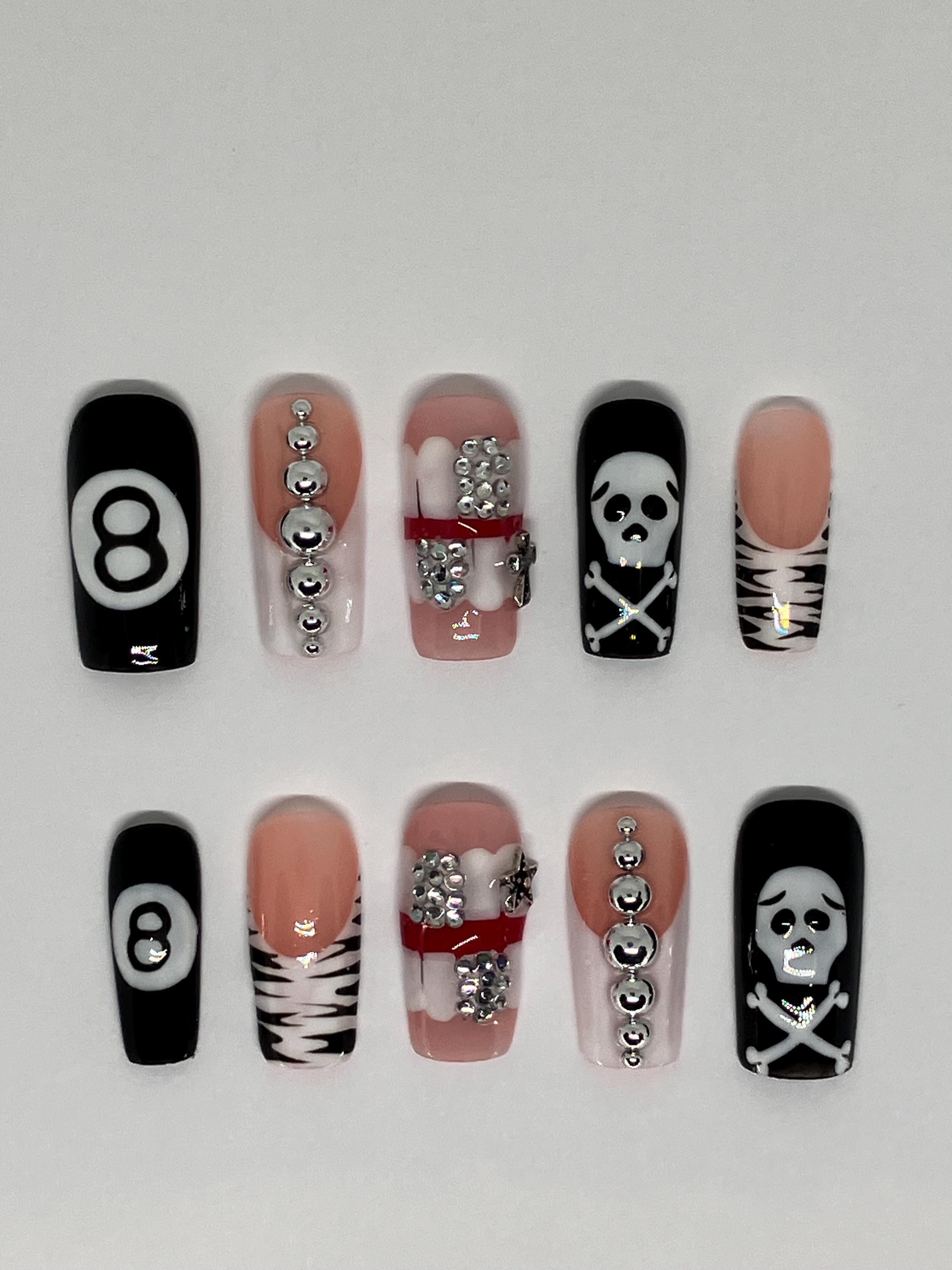 Vegas nights preseason nails with 8 ball and skull details,application pack included