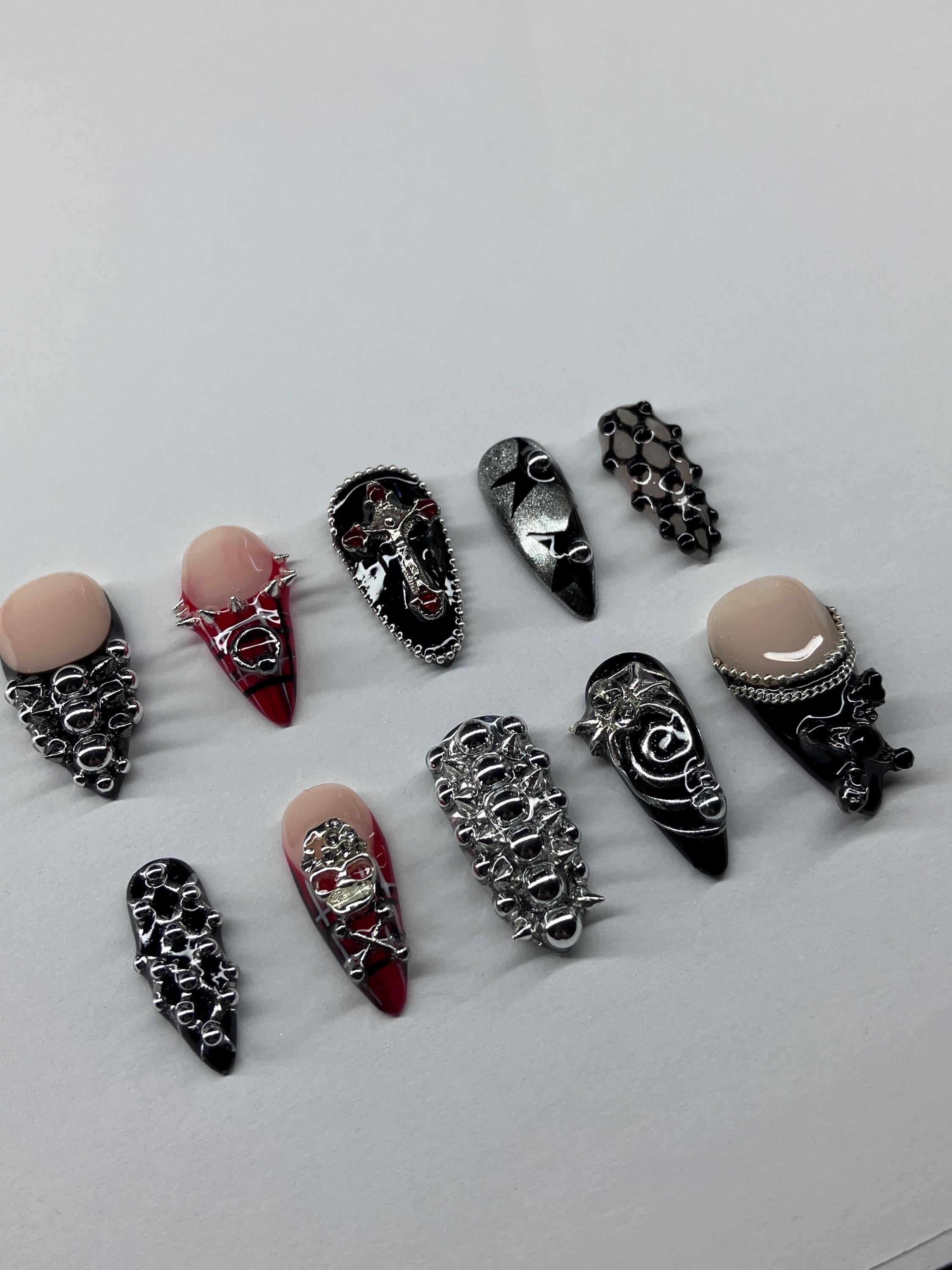 Punk Rock Press On Nails: Skull, Tartan, Chrome - Application Pack