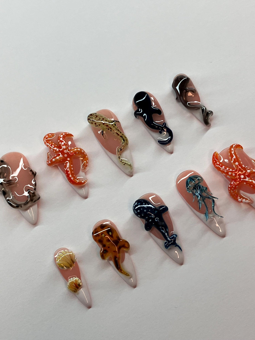 Marine life press on nails with unique 3d sea life, application pack included