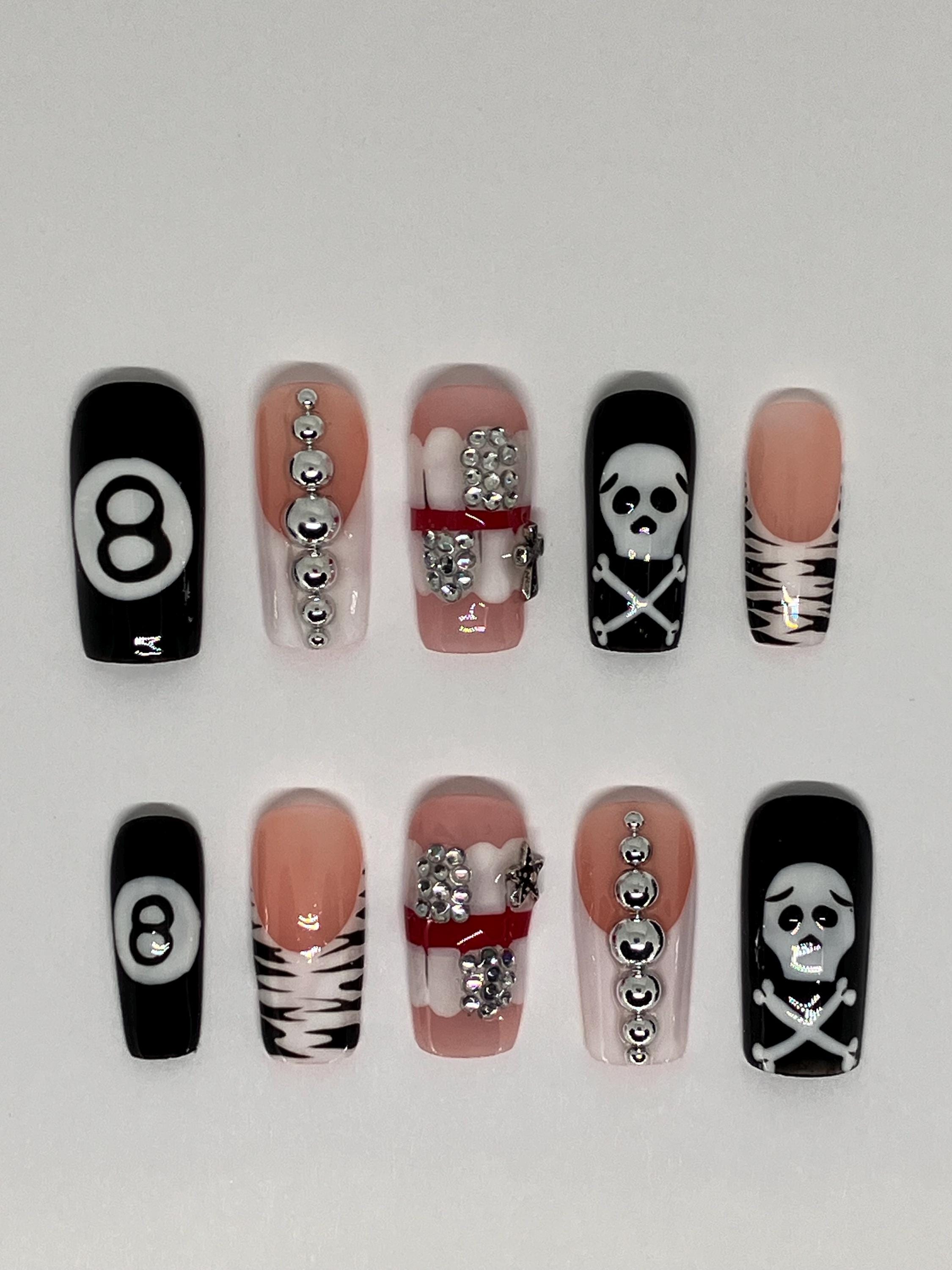 Vegas nights preseason nails with 8 ball and skull details,application pack included