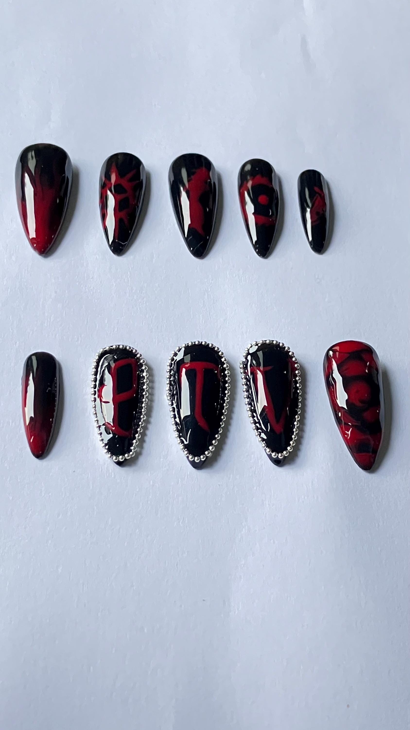 PTV black and red press on nails with chain embellishments application pack included