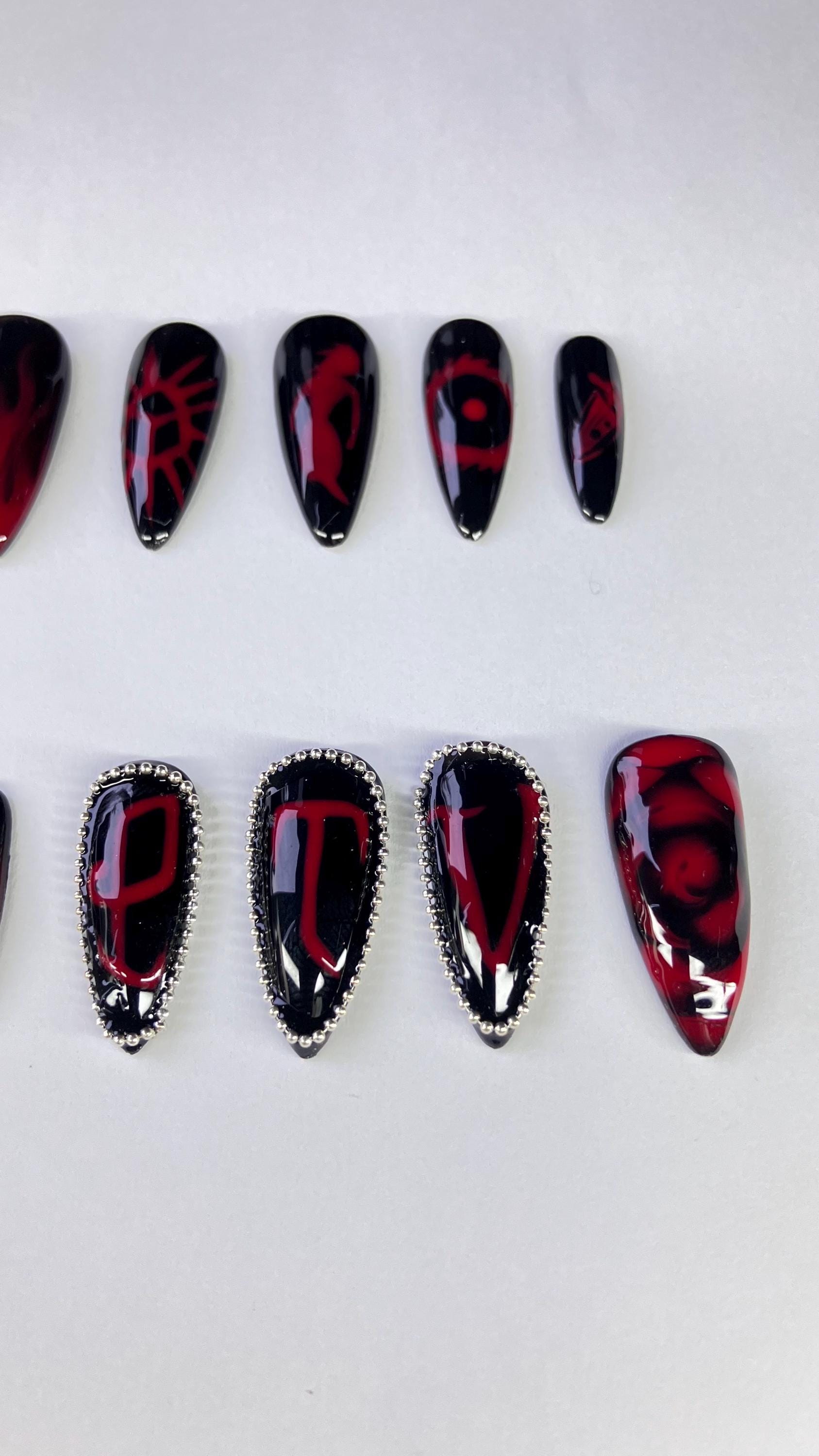 PTV black and red press on nails with chain embellishments application pack included