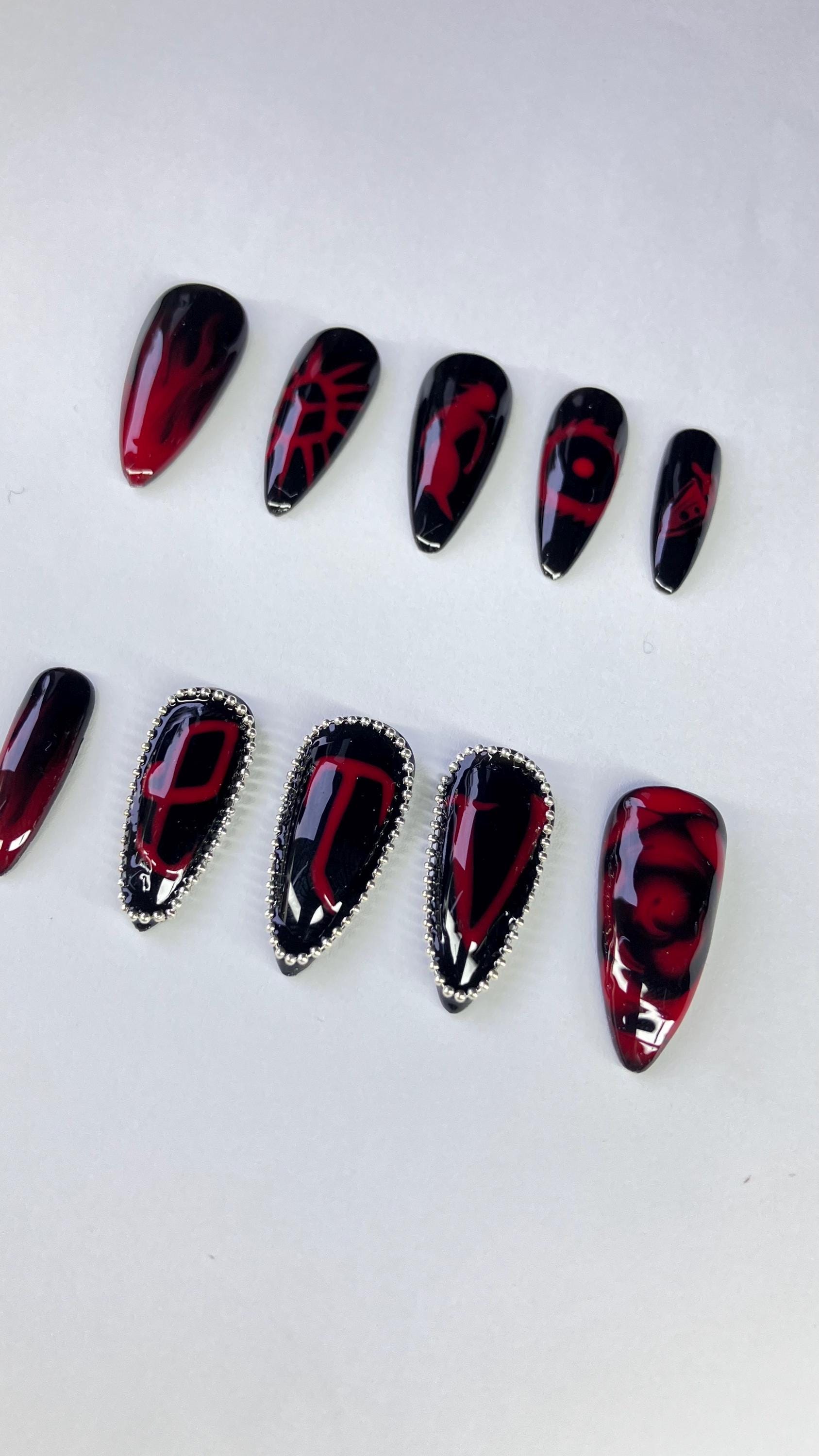PTV black and red press on nails with chain embellishments application pack included