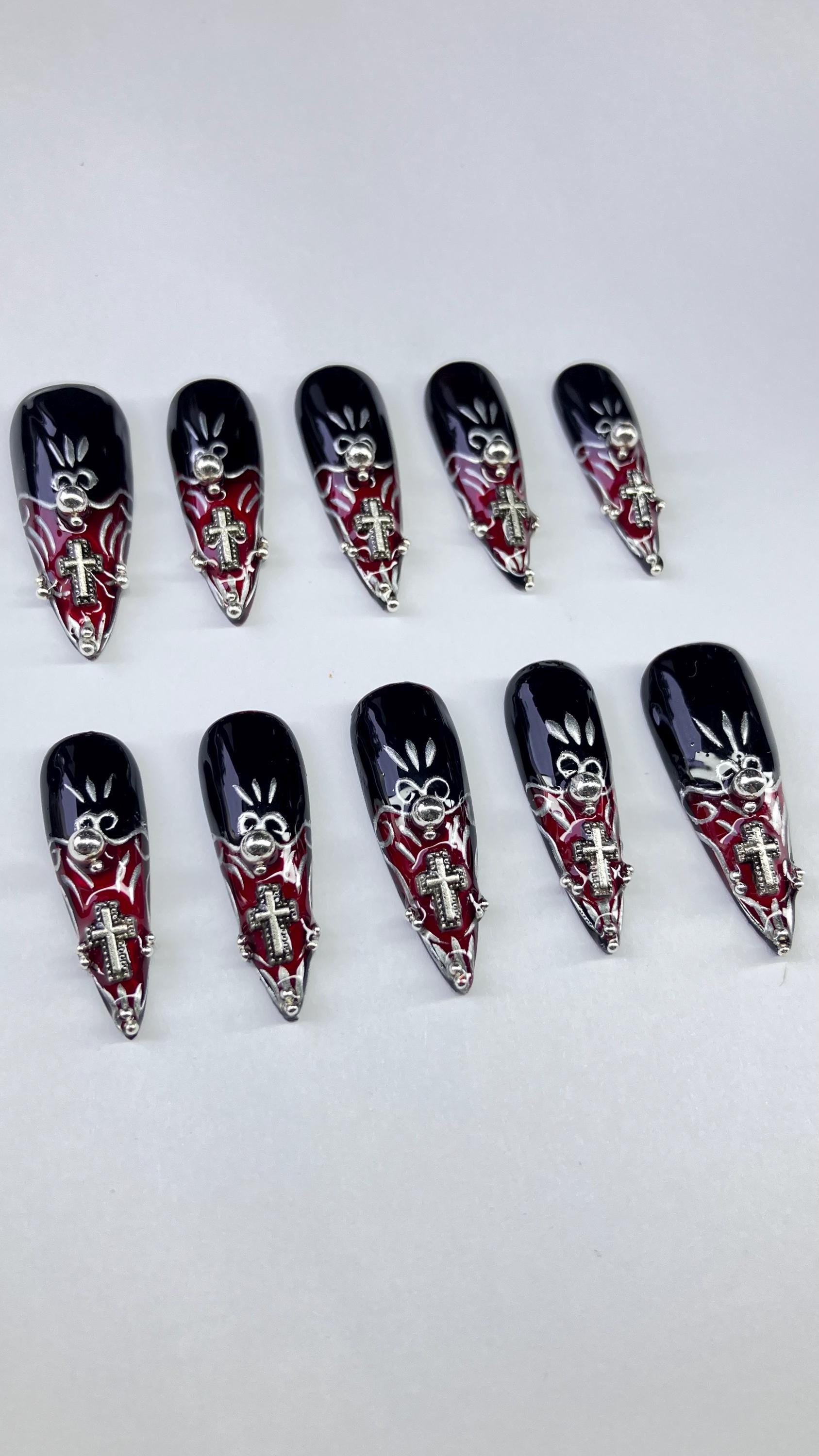 Baroque Stained Glass Press On Nails: Red, Black, Silver Cathedral Design