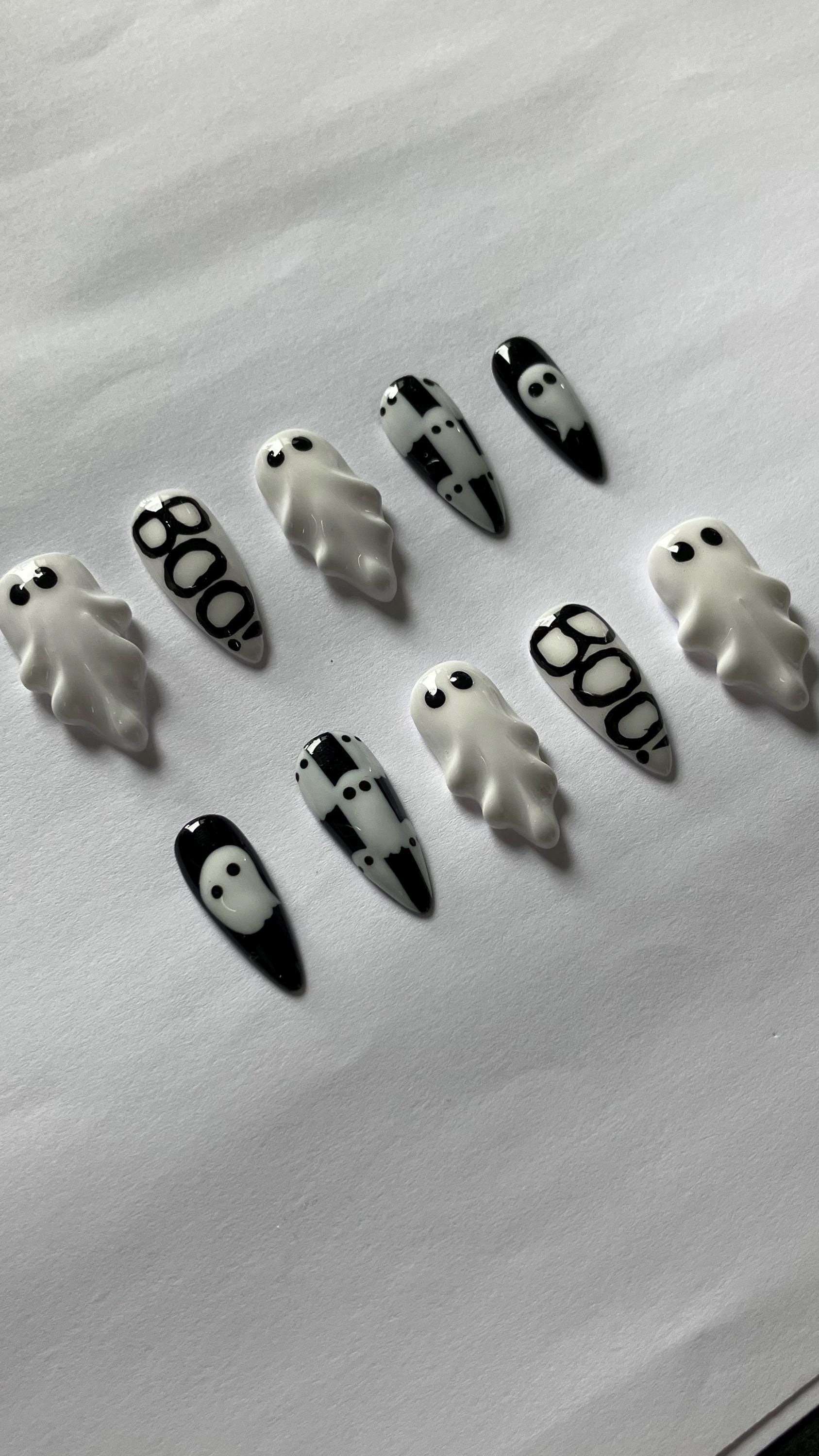 3d ghosts Halloween press on nails checkerboard monochrome design application pack included