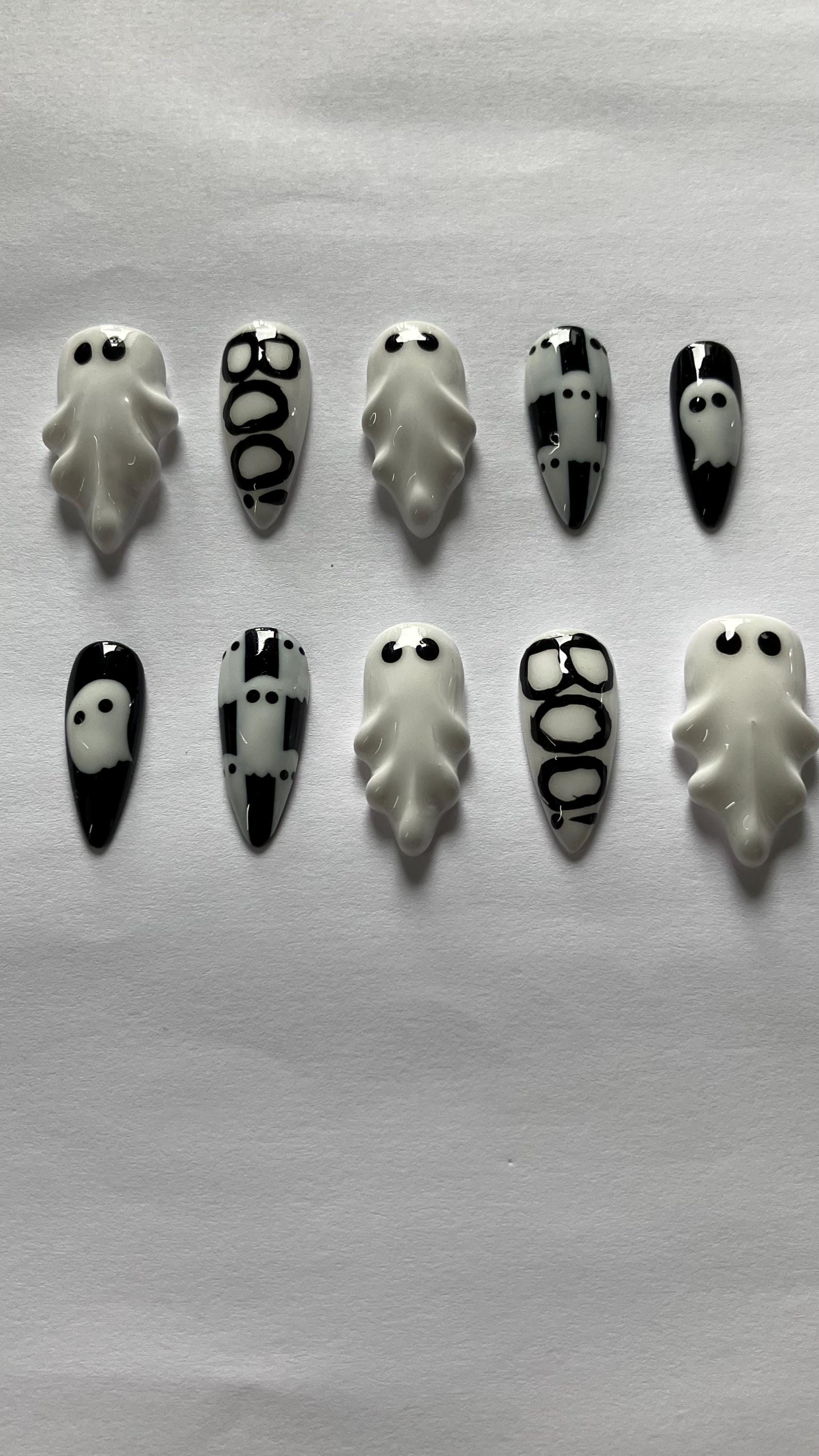 3d ghosts Halloween press on nails checkerboard monochrome design application pack included