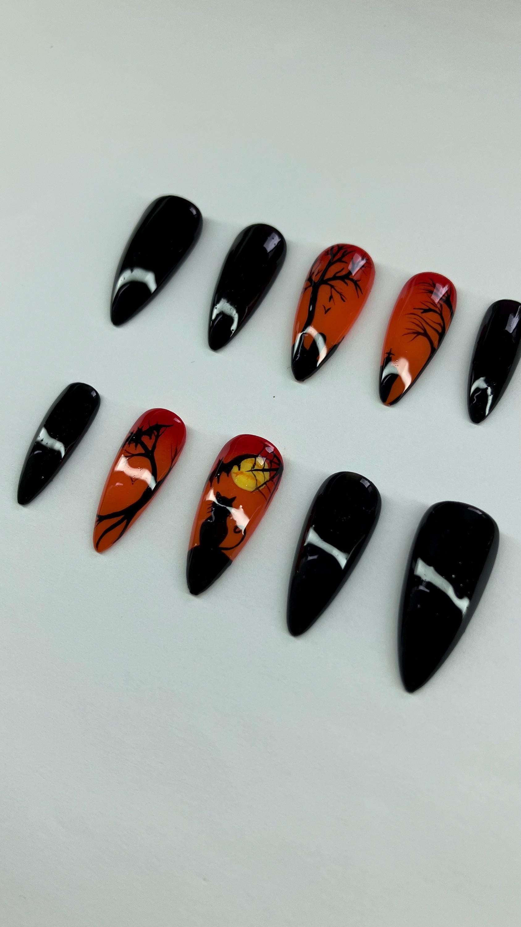 Graveyard Halloween press on nails dark scenery with setting sun application pack included