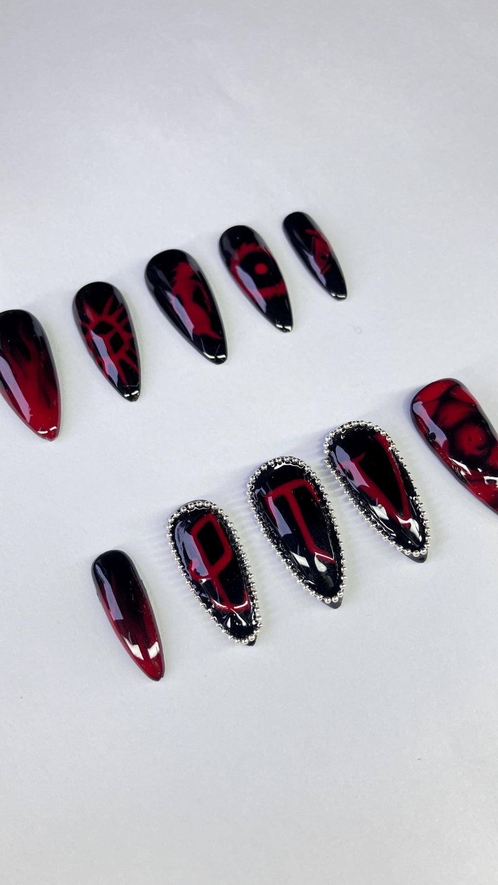 PTV black and red press on nails with chain embellishments application pack included