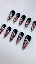 Baroque Stained Glass Press On Nails: Red, Black, Silver Cathedral Design