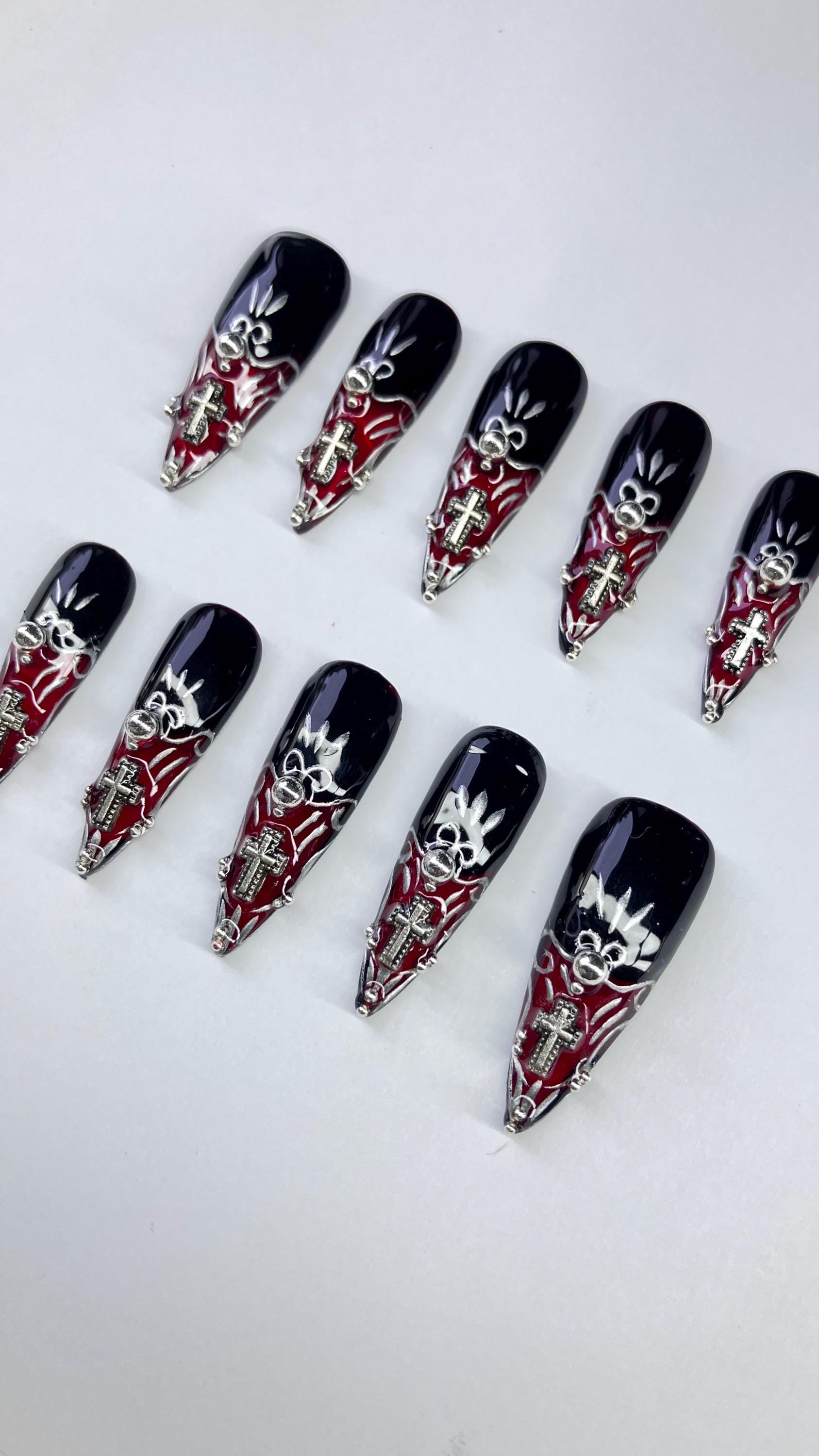 Baroque Stained Glass Press On Nails: Red, Black, Silver Cathedral Design