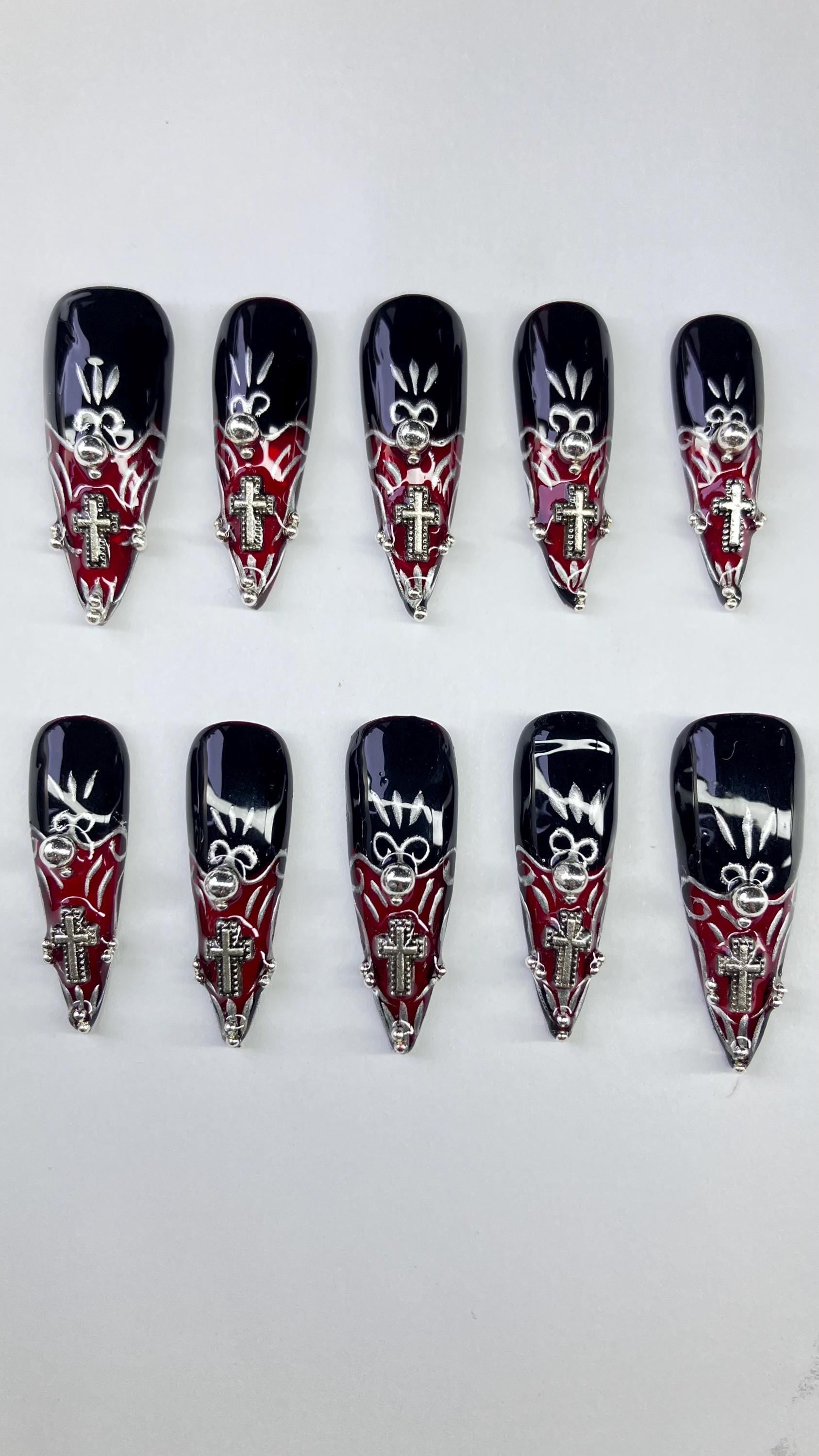 Baroque Stained Glass Press On Nails: Red, Black, Silver Cathedral Design