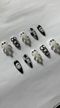 3d ghosts Halloween press on nails checkerboard monochrome design application pack included