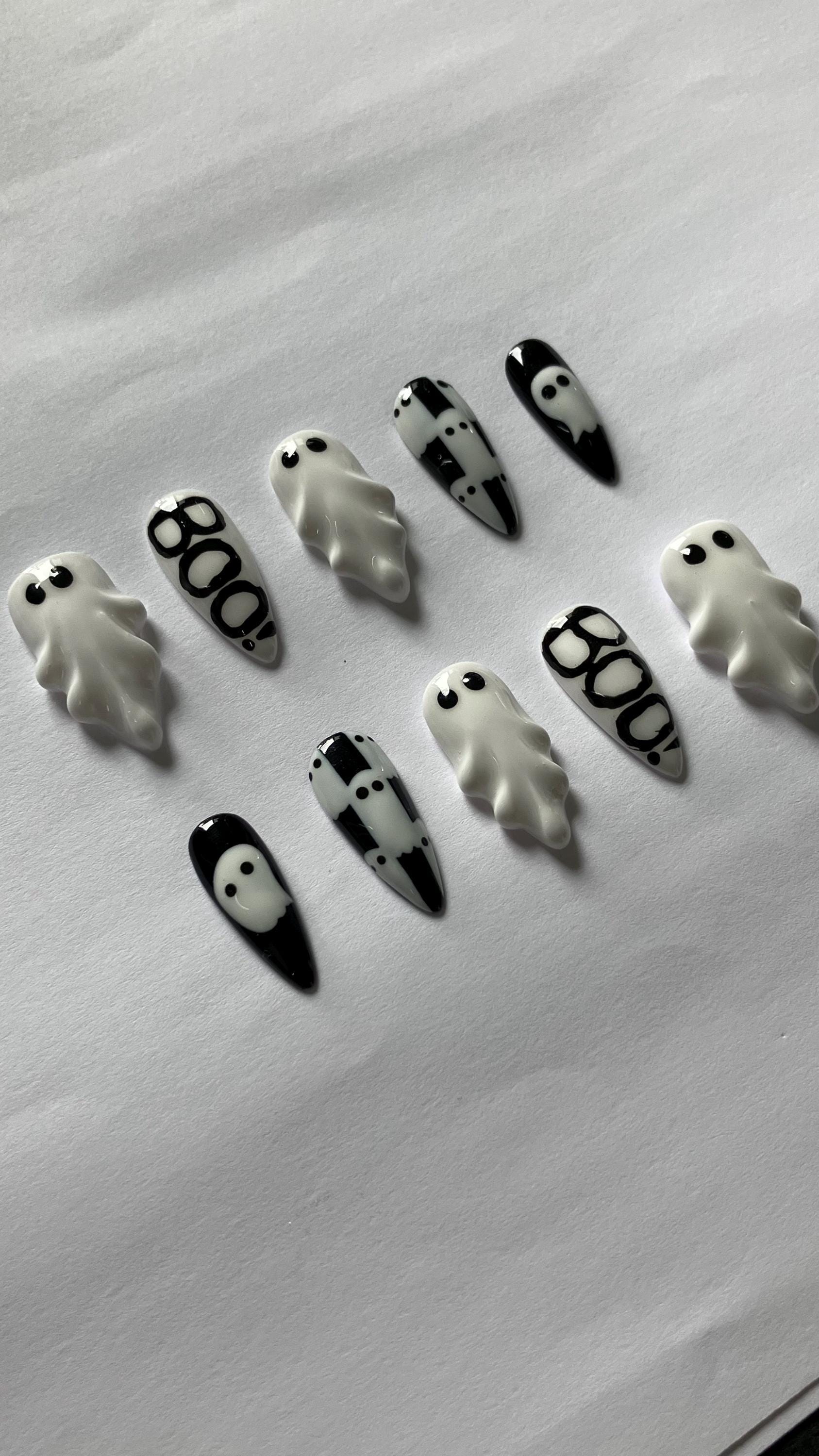 3d ghosts Halloween press on nails checkerboard monochrome design application pack included
