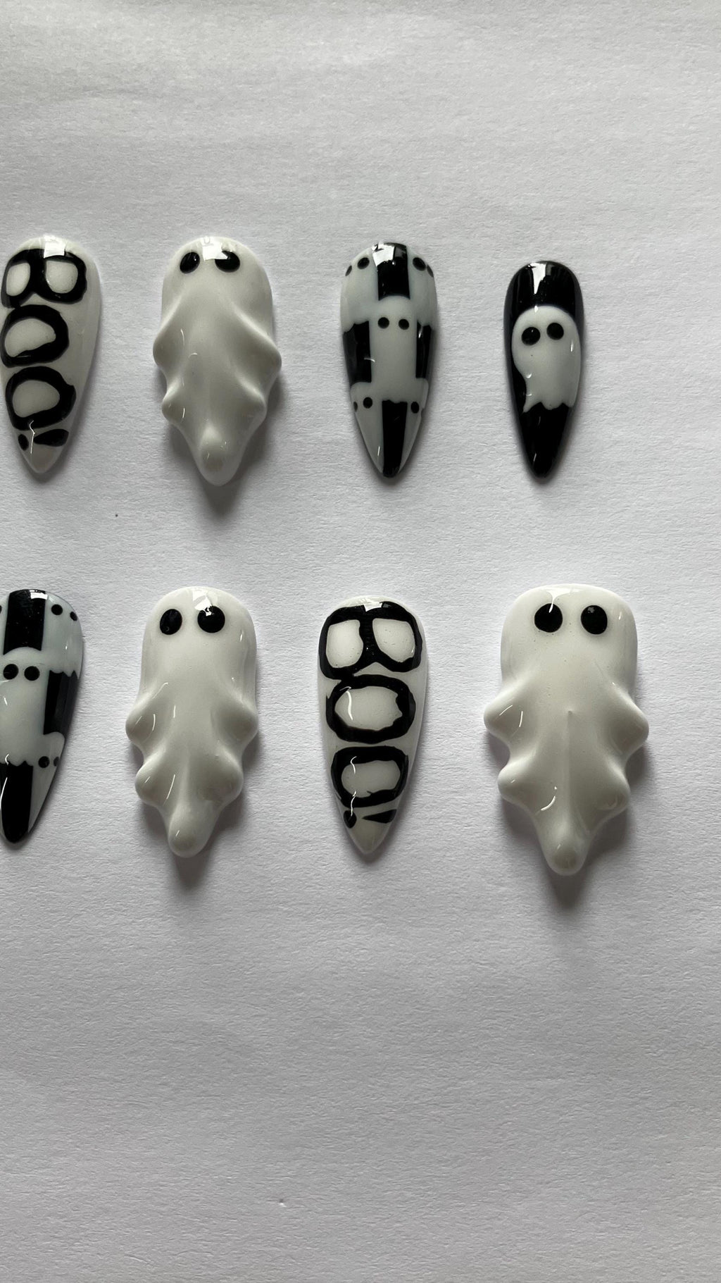 3d ghosts Halloween press on nails checkerboard monochrome design application pack included