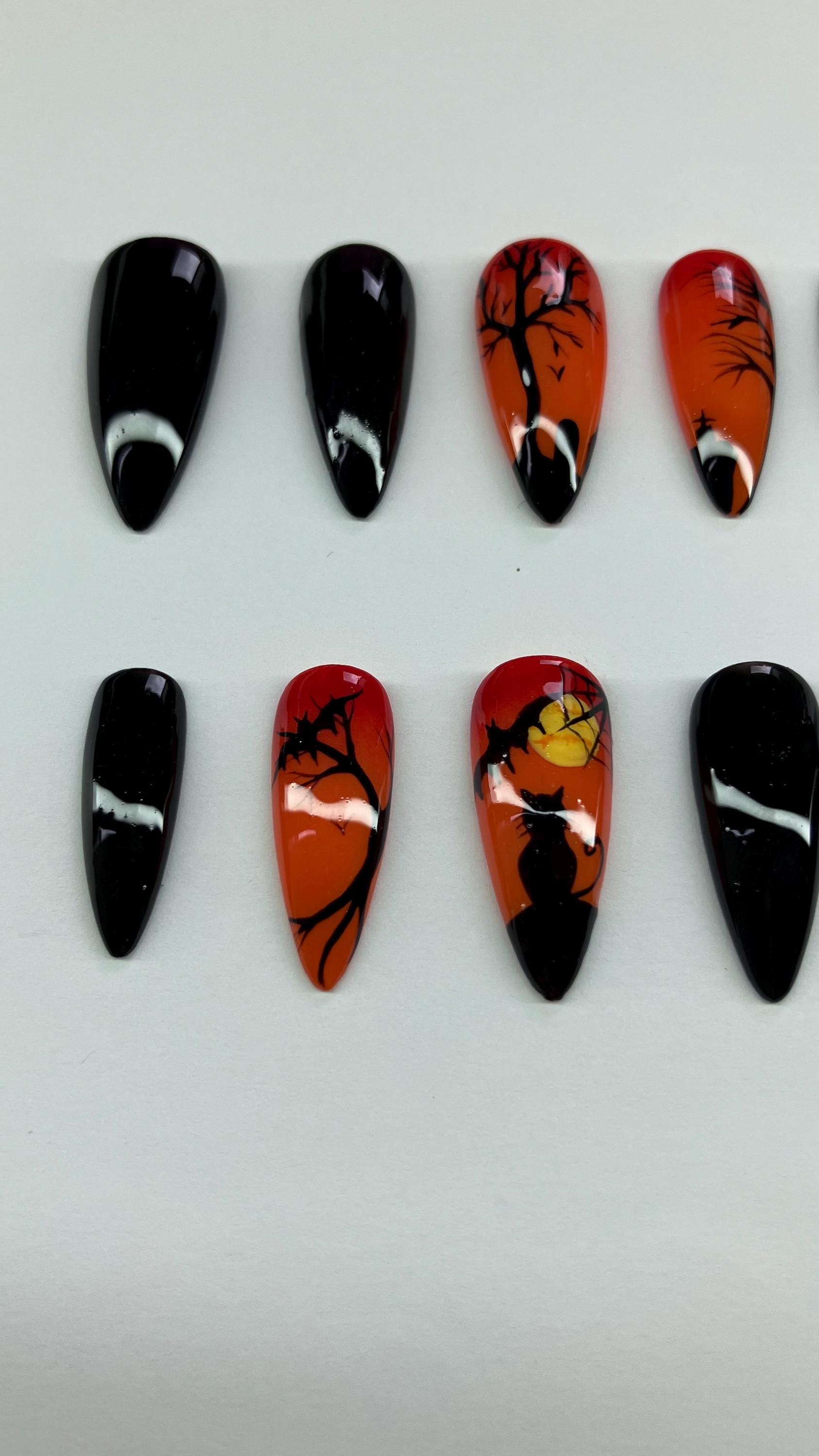 Graveyard Halloween press on nails dark scenery with setting sun application pack included