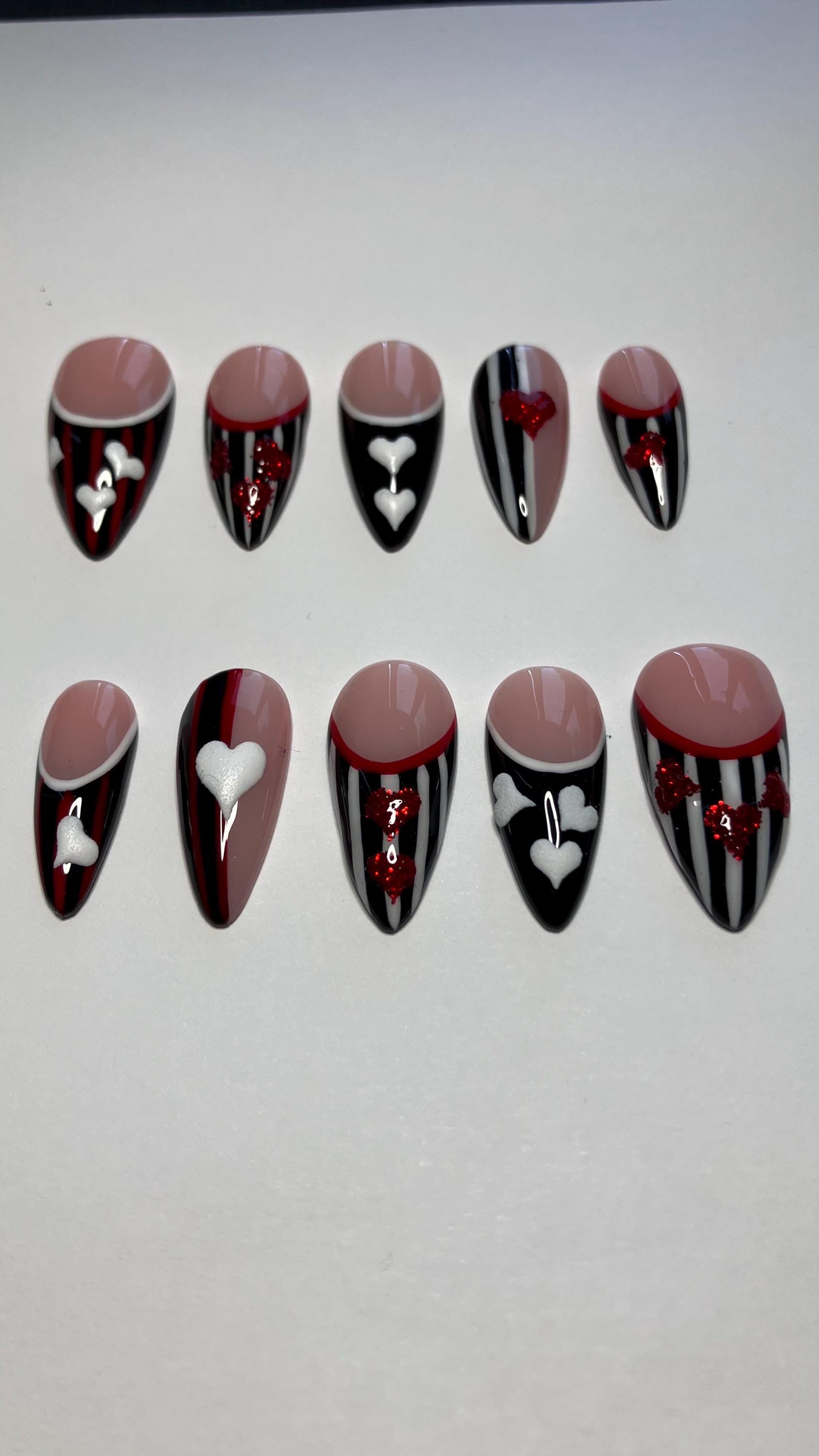 Queen of Hearts Press On Nails: Glitter Stripes, French Tips, Handmade