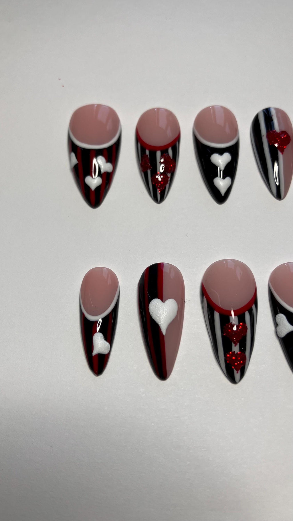 Queen of Hearts Press On Nails: Glitter Stripes, French Tips, Handmade