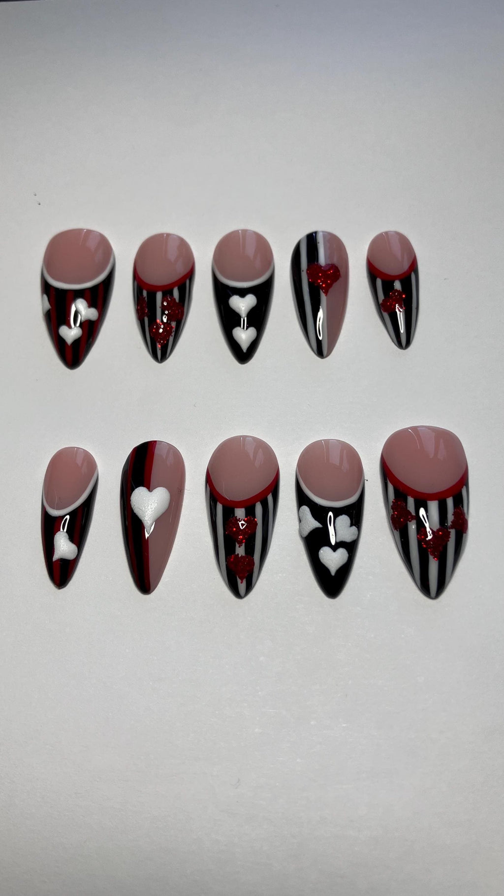 Queen of Hearts Press On Nails: Glitter Stripes, French Tips, Handmade