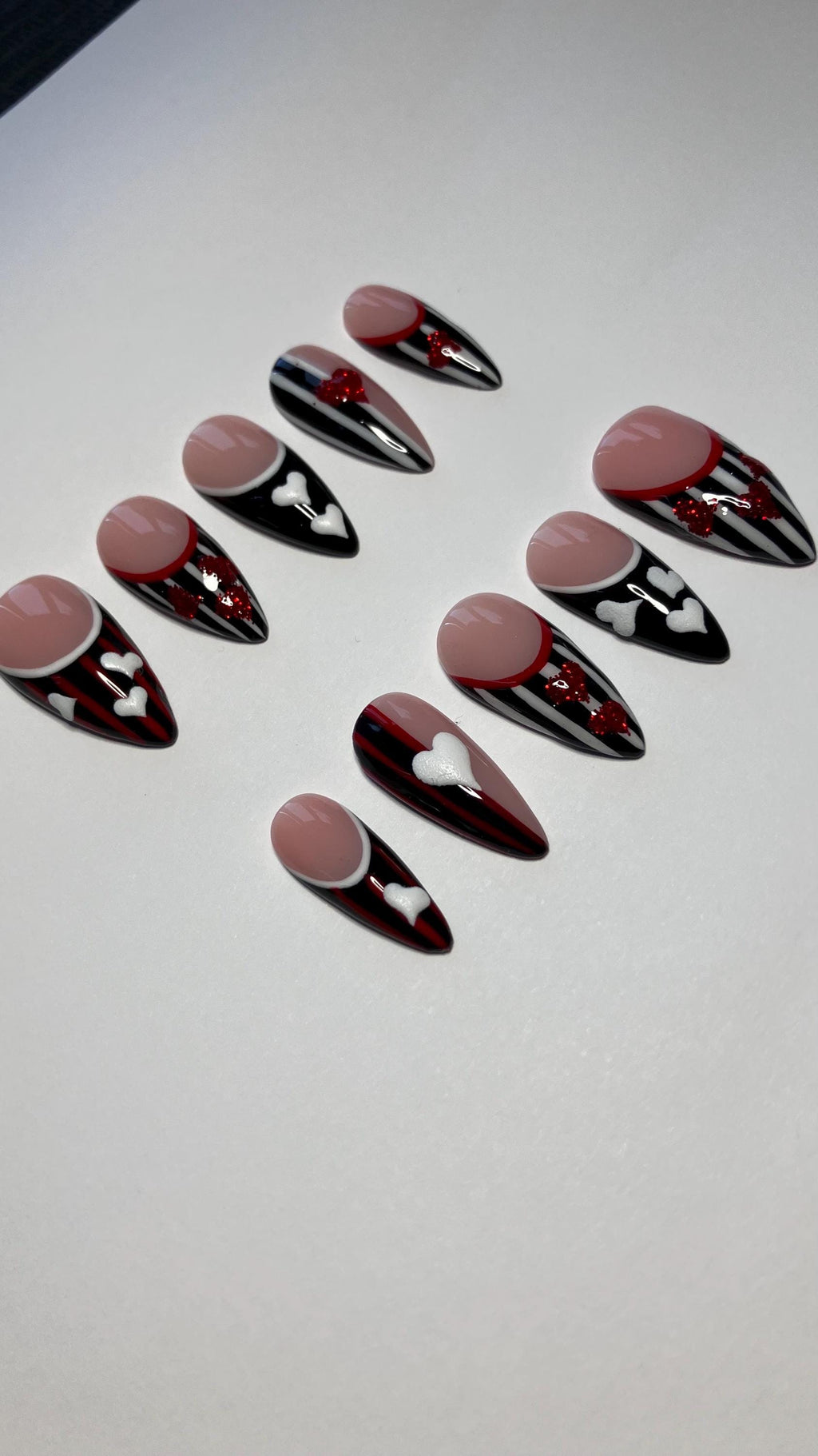 Queen of Hearts Press On Nails: Glitter Stripes, French Tips, Handmade
