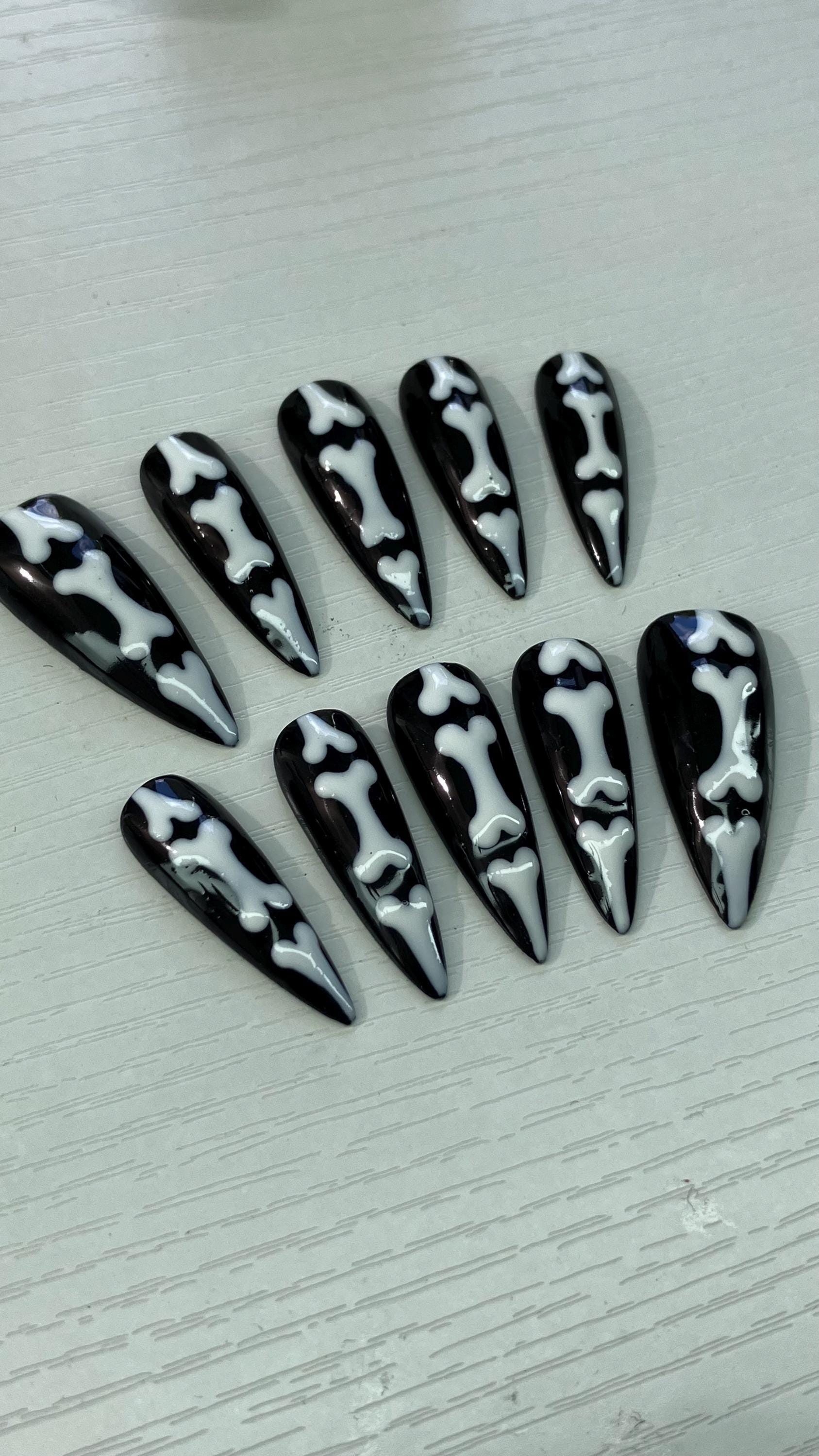 Skeleton bones press on nails design, Halloween nails, application pack included
