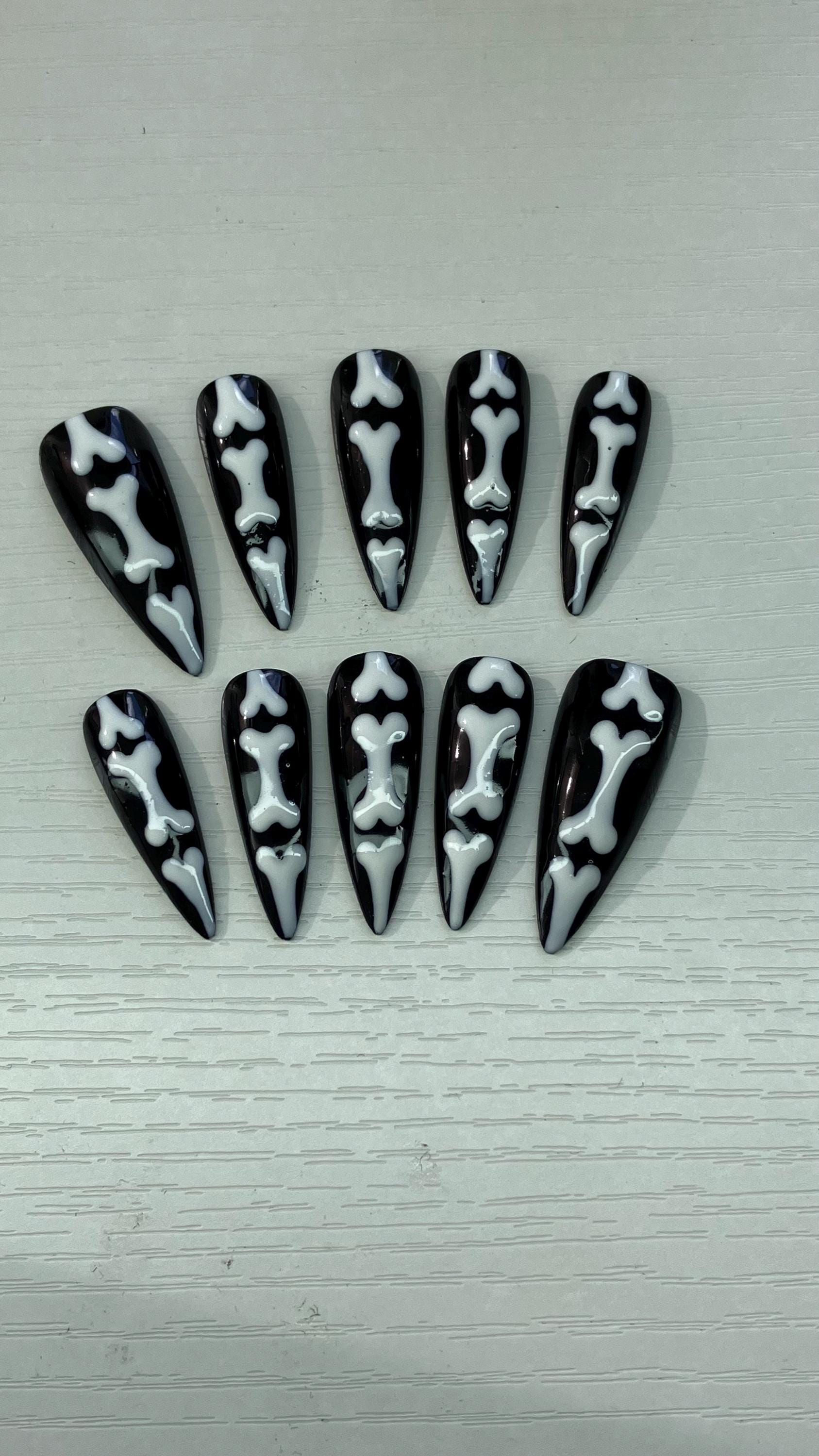 Skeleton bones press on nails design, Halloween nails, application pack included