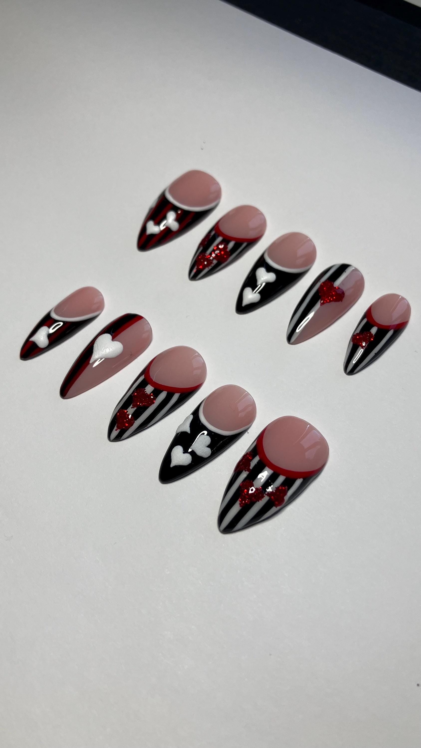 Queen of Hearts Press On Nails: Glitter Stripes, French Tips, Handmade