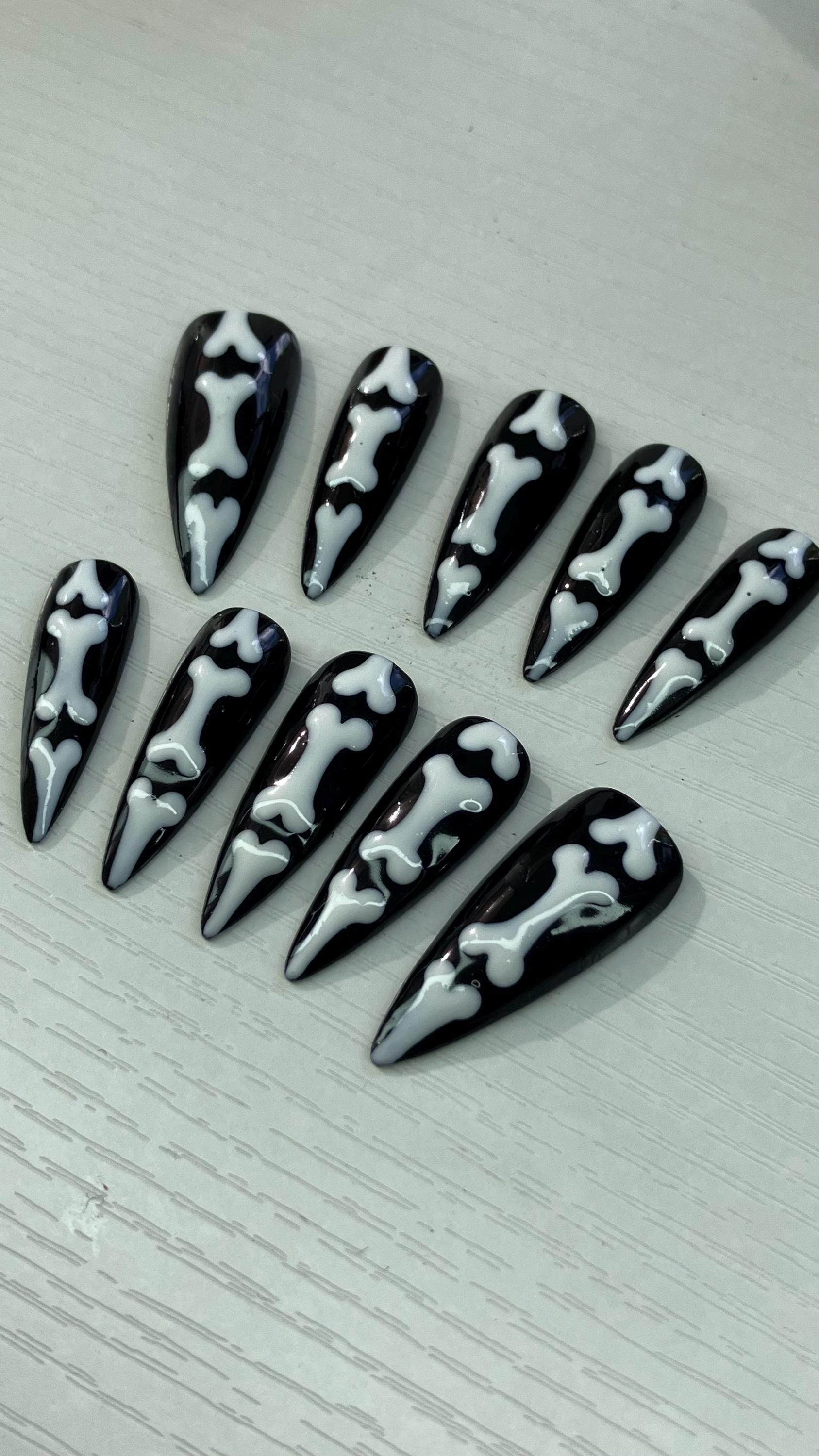 Skeleton bones press on nails design, Halloween nails, application pack included