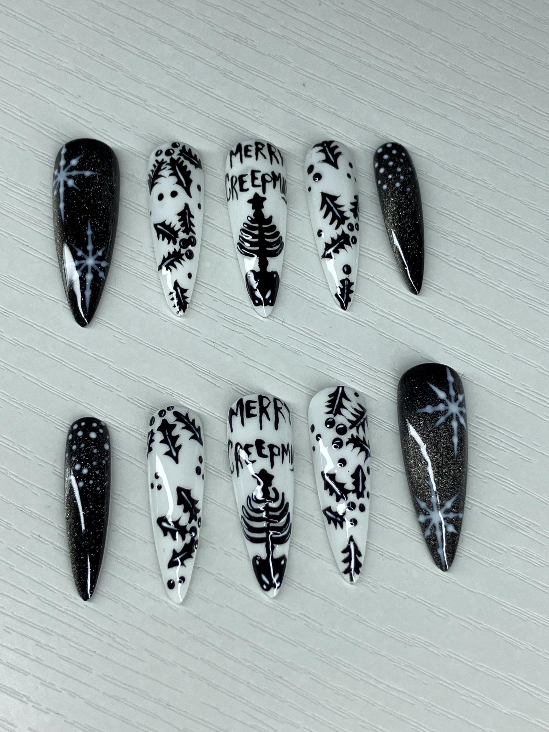 Merry Creepmas press on nails,alternative style Christmas design. Application pack included