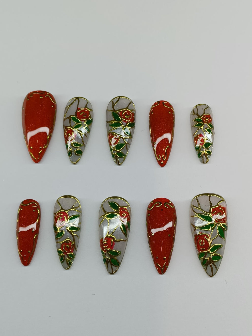 Stained glass roses custom press in nail with chrome and cat eye detail