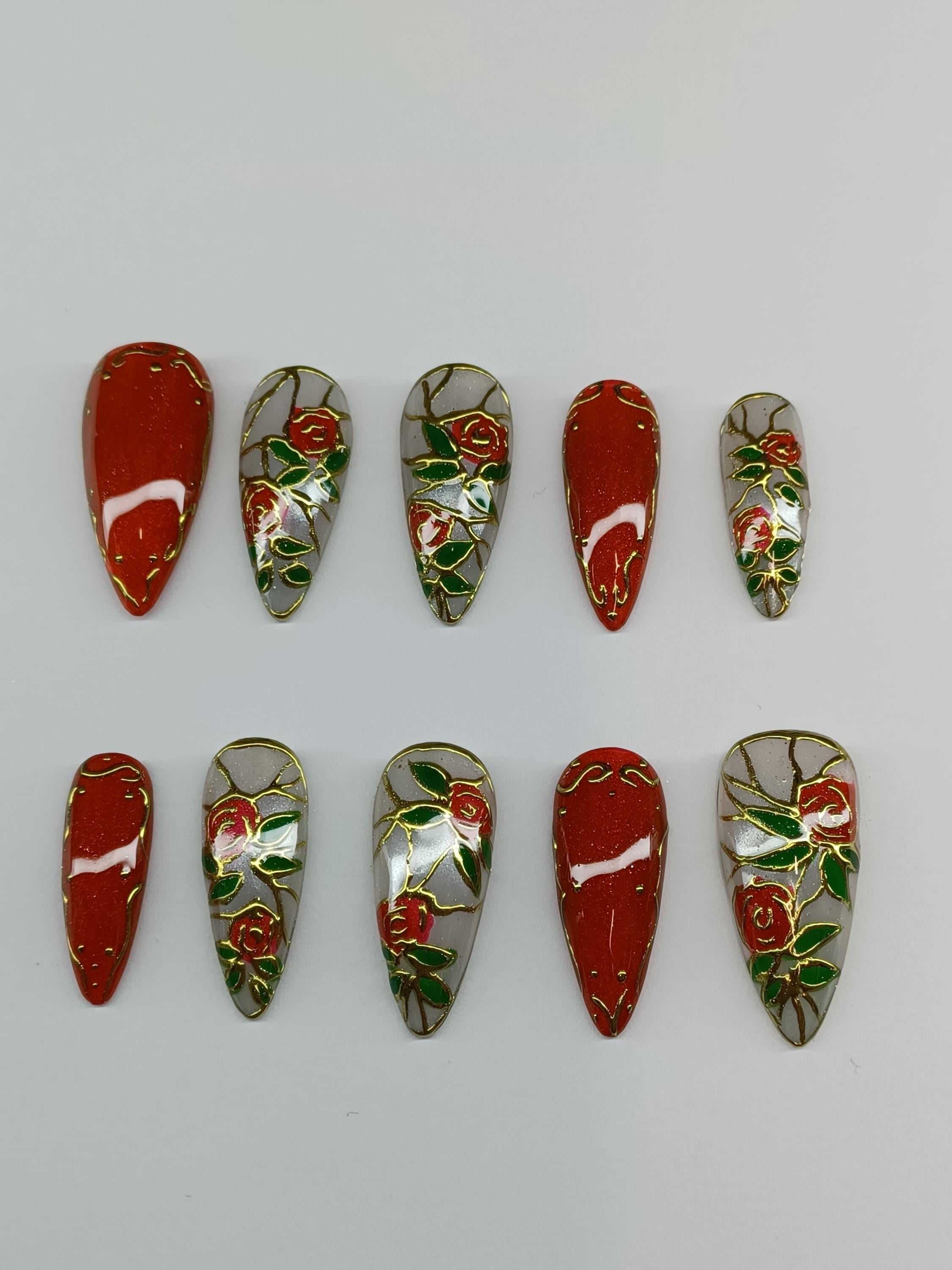 Stained glass roses custom press in nail with chrome and cat eye detail