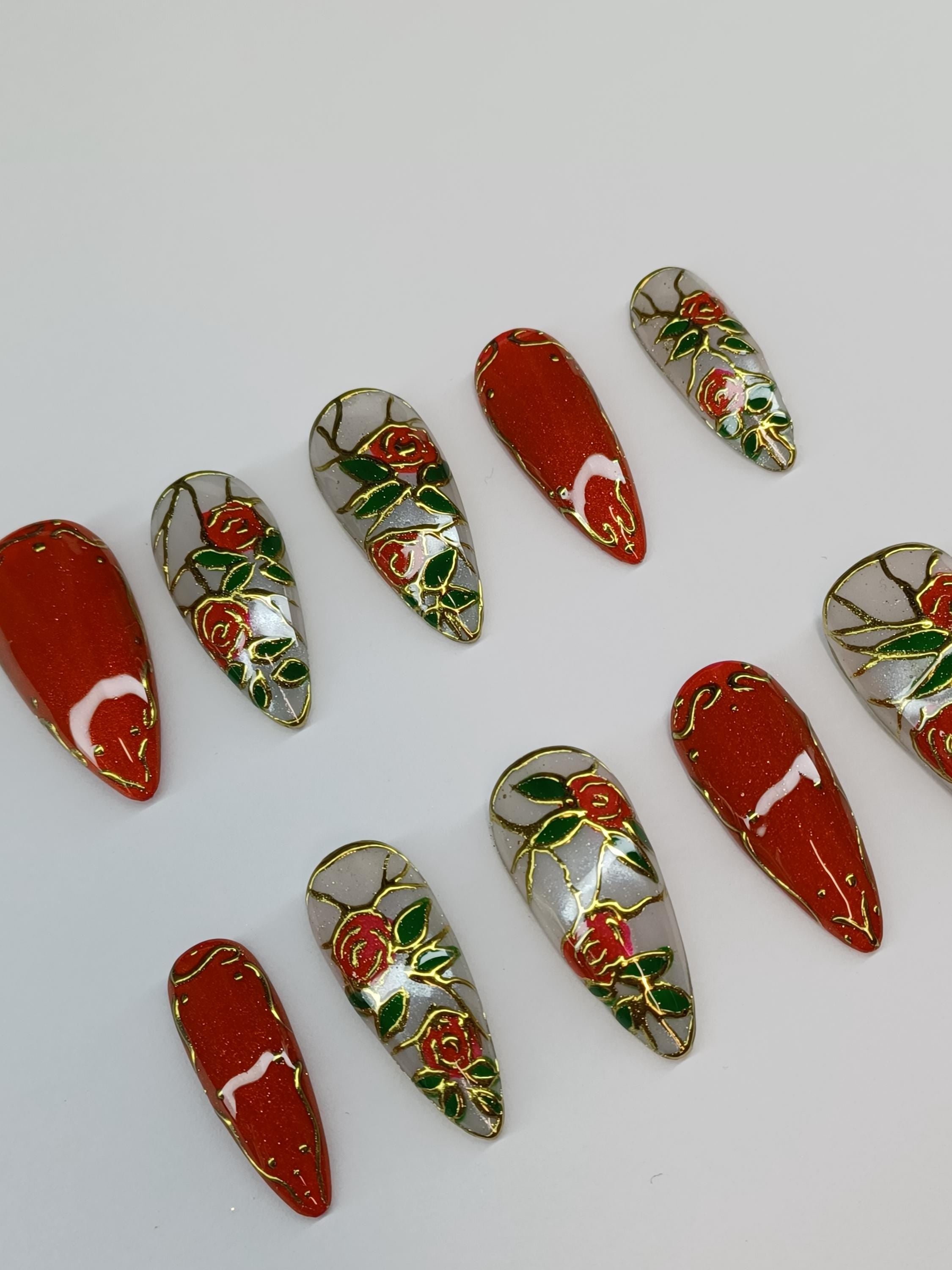 Stained glass roses custom press in nail with chrome and cat eye detail