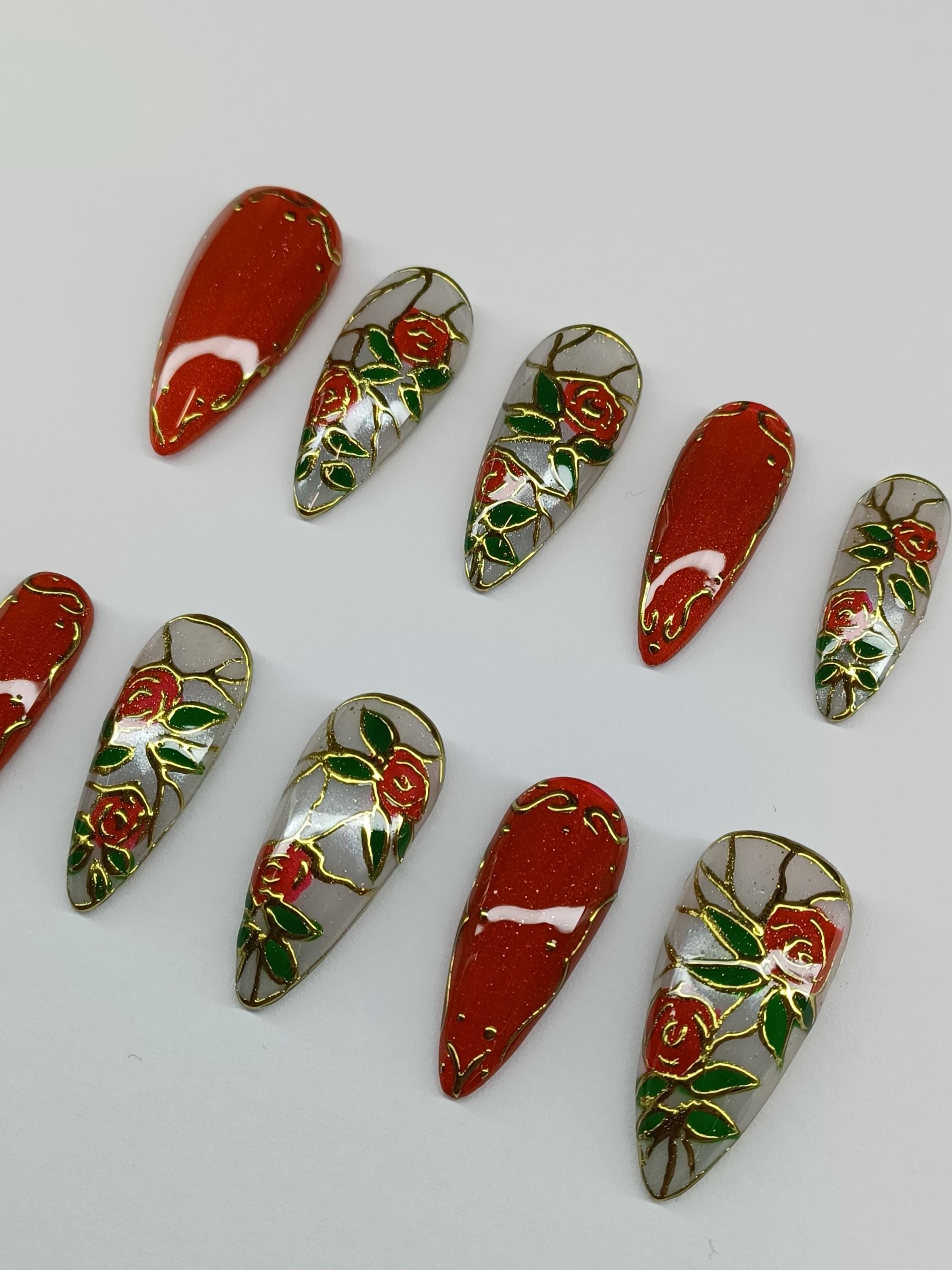 Stained glass roses custom press in nail with chrome and cat eye detail