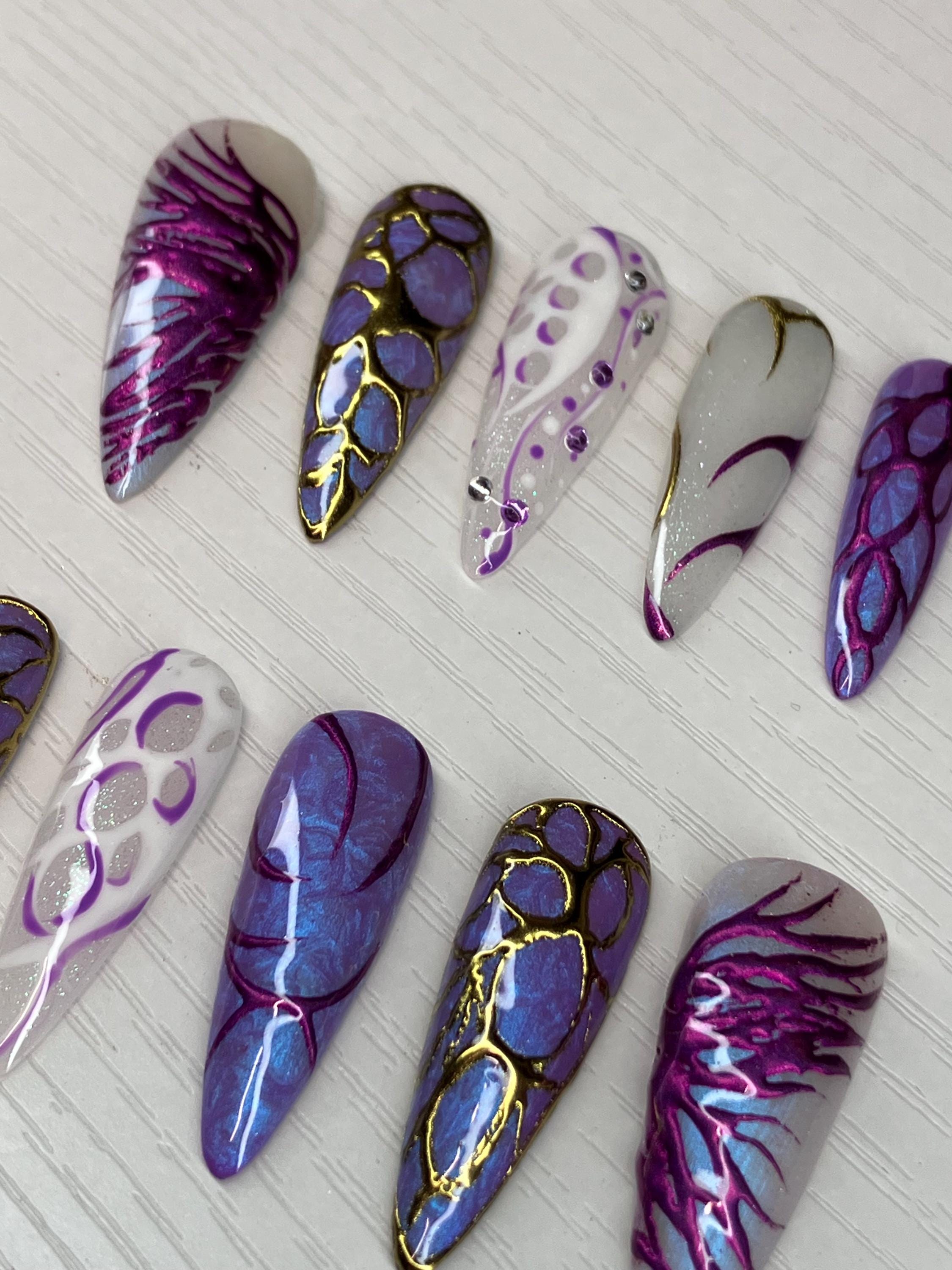 Hexcore Inspired Press On Nails, Chrome Purple Gold, Handmade