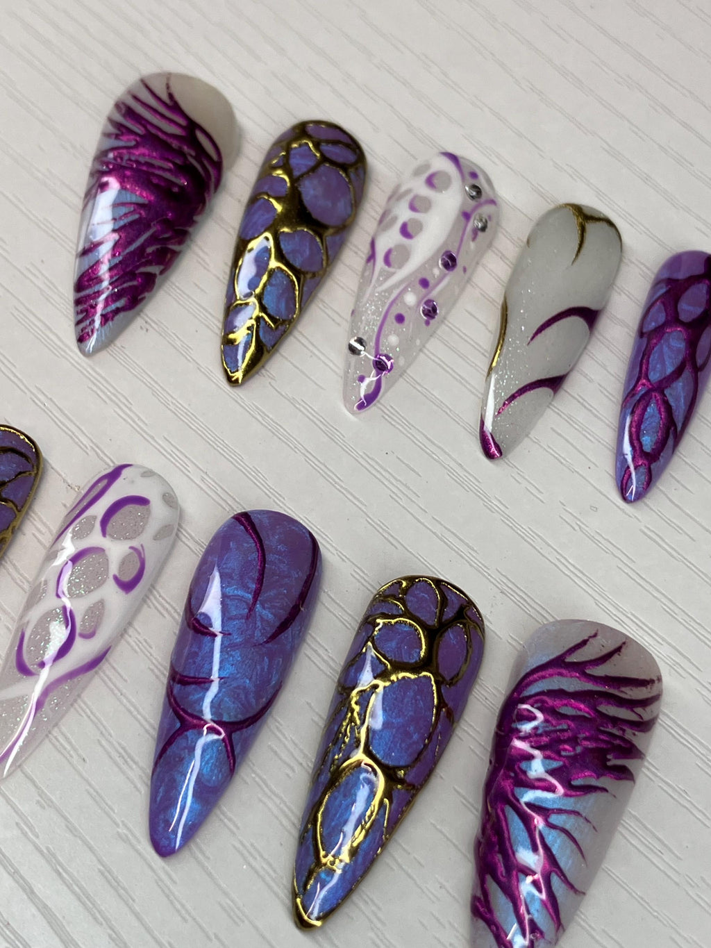Hexcore Inspired Press On Nails, Chrome Purple Gold, Handmade