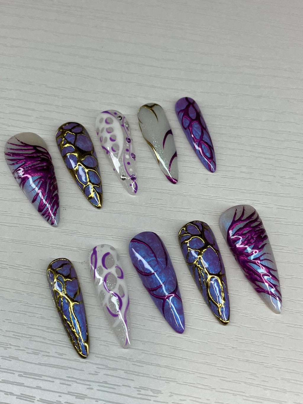 Hexcore Inspired Press On Nails, Chrome Purple Gold, Handmade