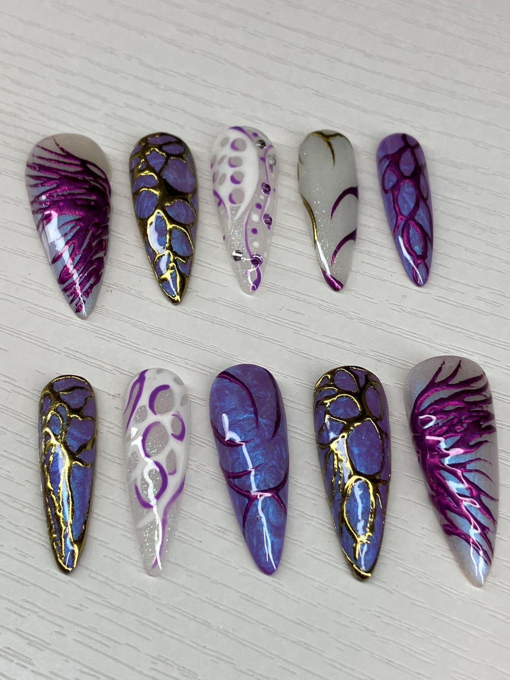 Hexcore Inspired Press On Nails, Chrome Purple Gold, Handmade