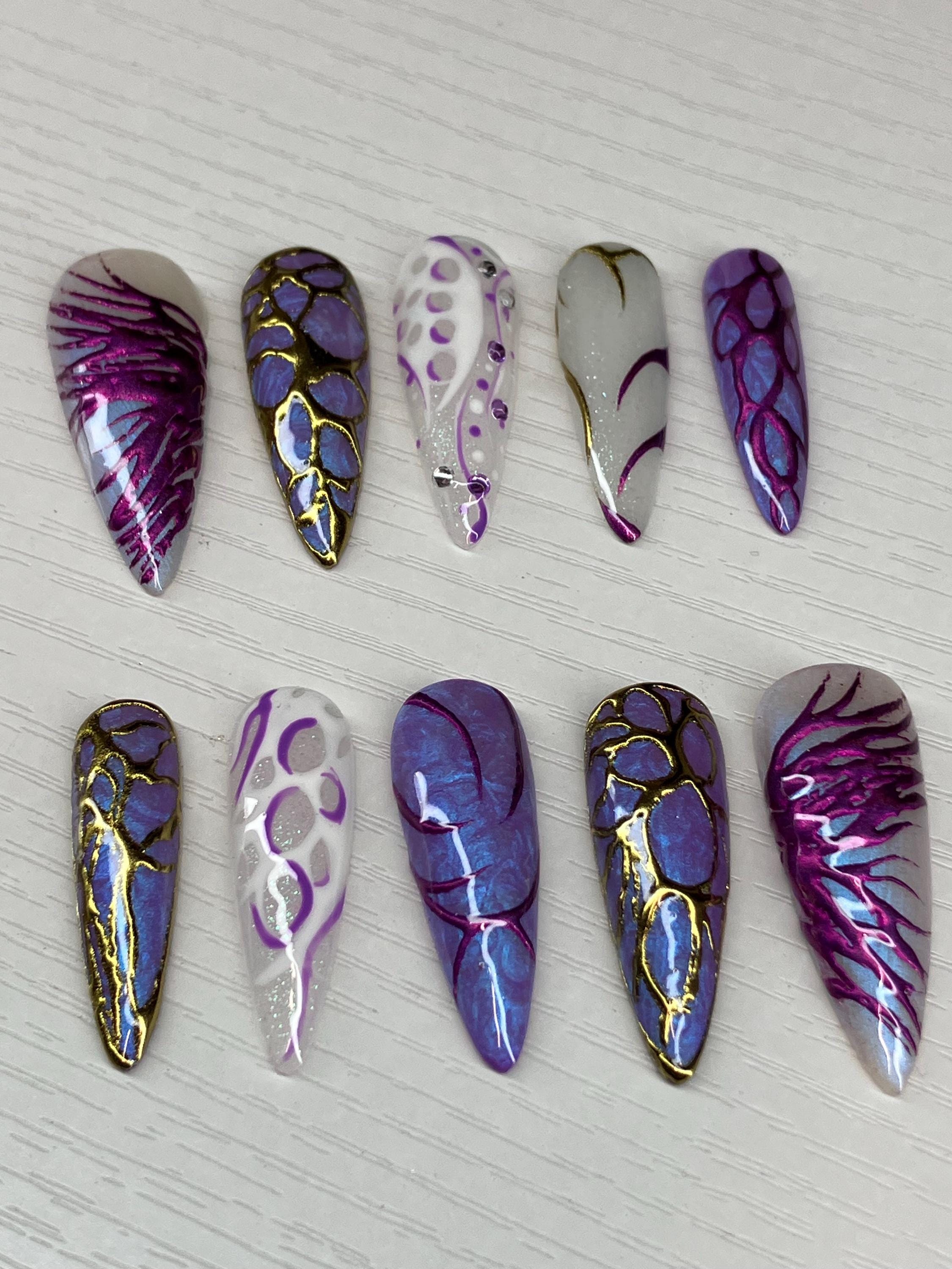 Hexcore Inspired Press On Nails, Chrome Purple Gold, Handmade