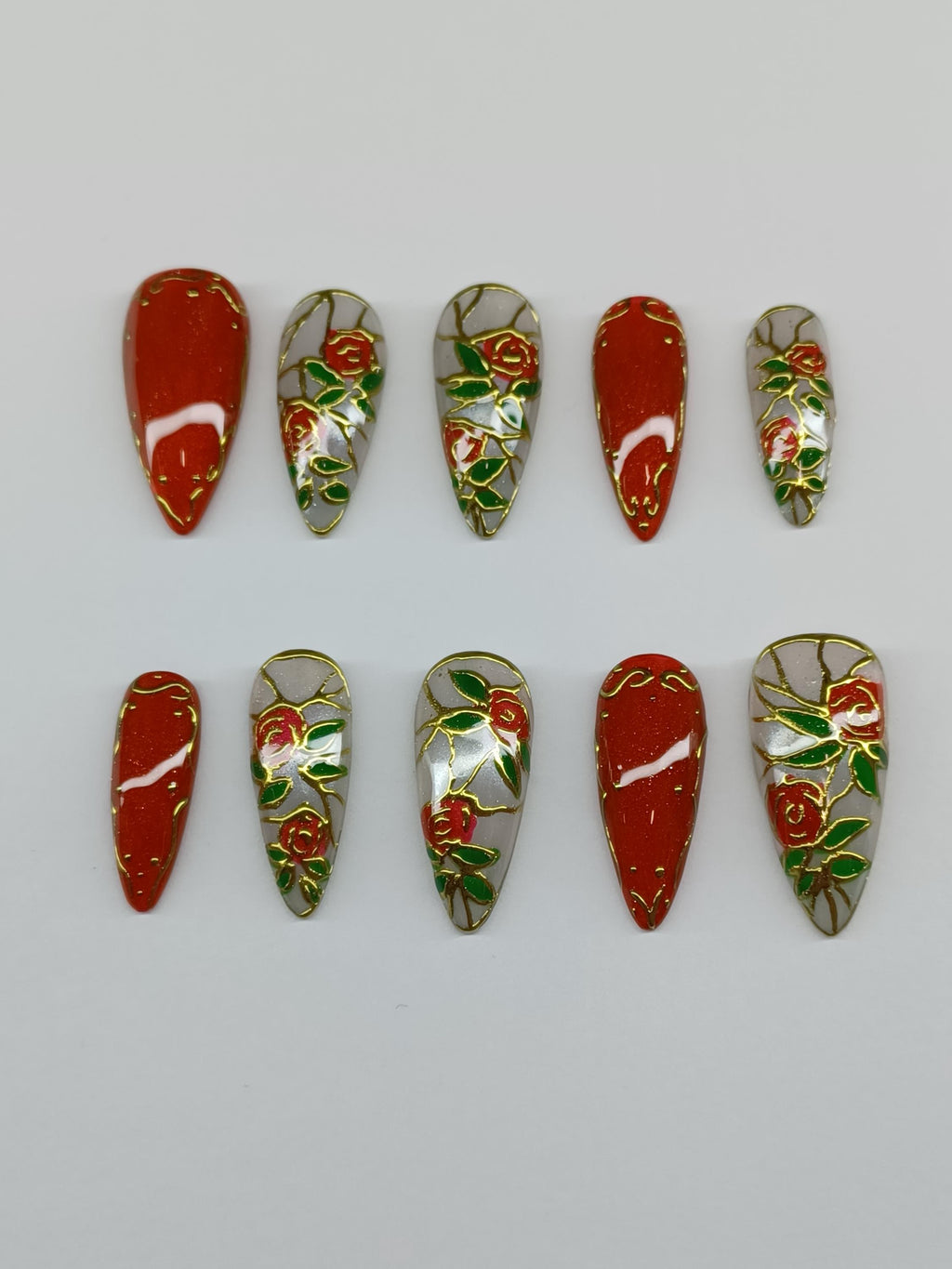 Stained glass roses custom press in nail with chrome and cat eye detail