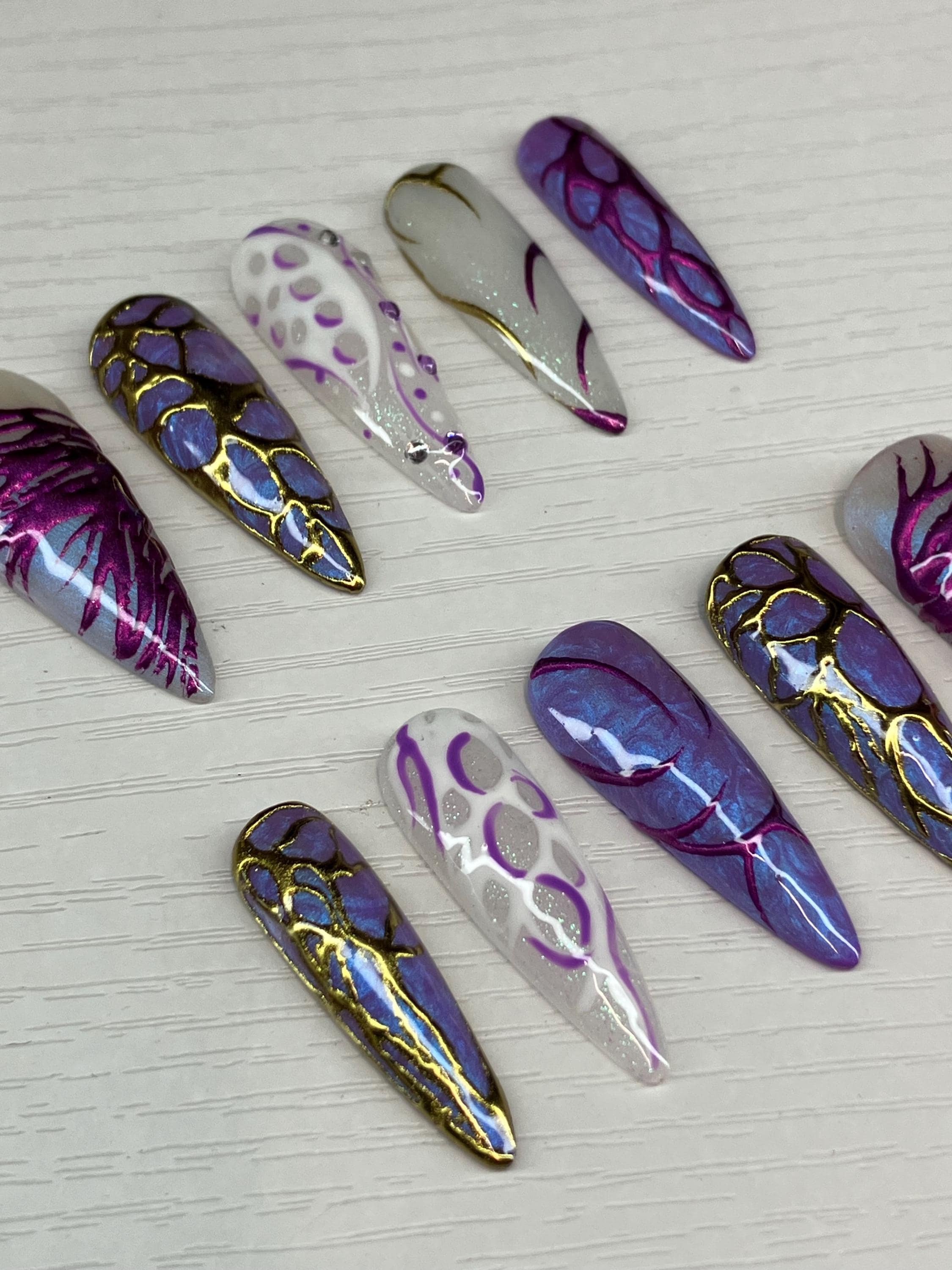 Hexcore Inspired Press On Nails, Chrome Purple Gold, Handmade