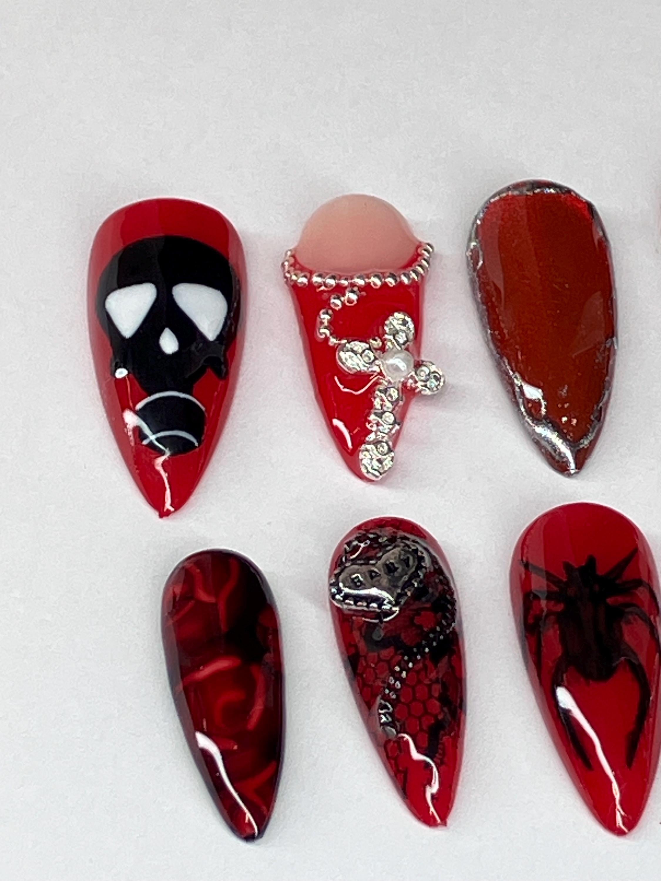 Gothic Red Black Press On Nails, Dark Romance Cat Eye Chrome, (Application Pack Included)